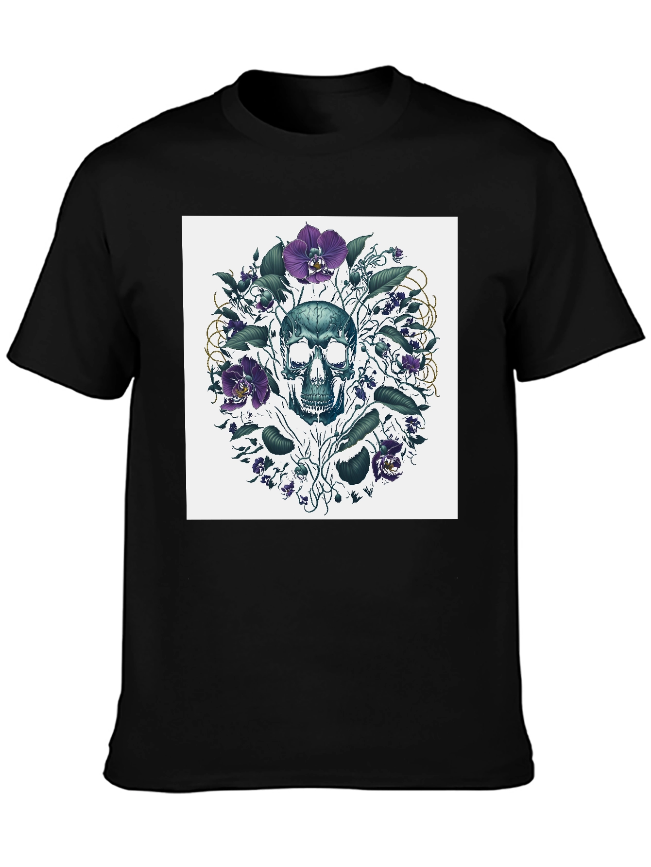 Black Skull Floral T-Shirt - Artistic Death Graphic Tee view 3