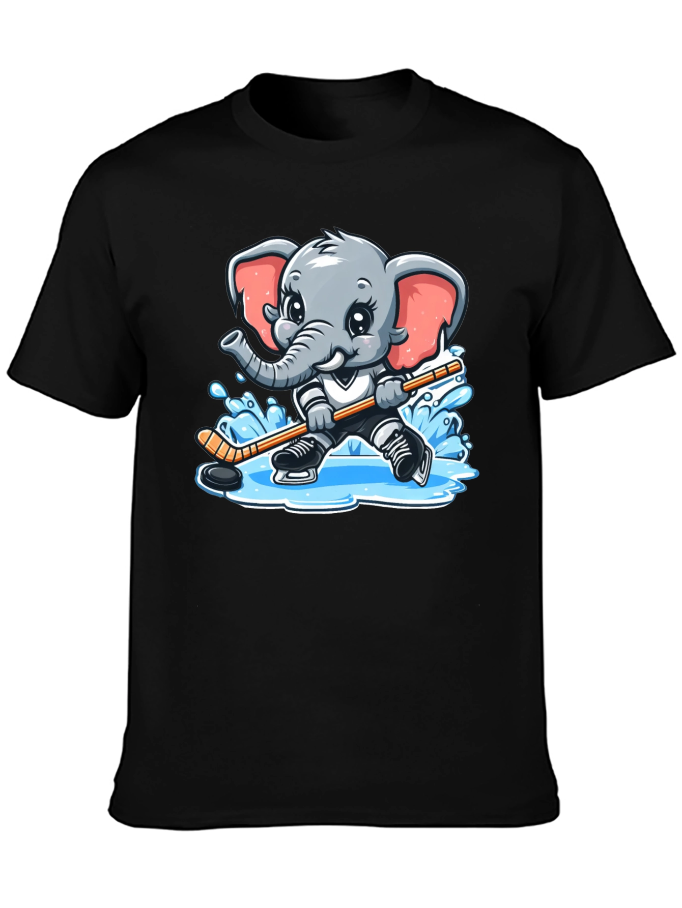 Black Cartoon Elephant Hockey Player Graphic Tee view 3