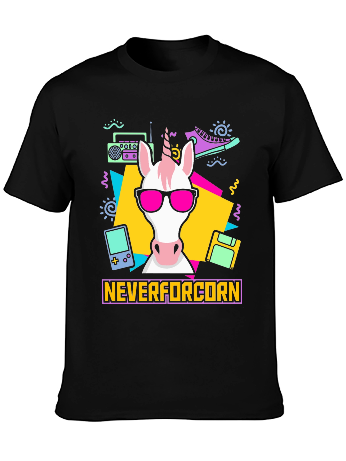 Black NeverforCORN 80s Retro Unicorn T-Shirt view 3