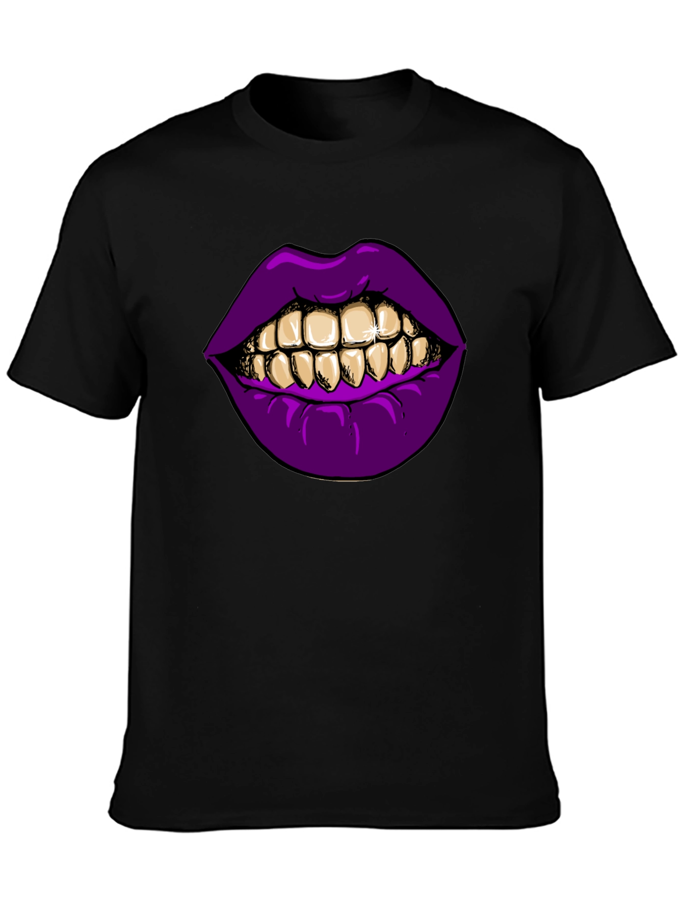 Black Purple Lips Gold Teeth Graphic Black T-Shirt view 3