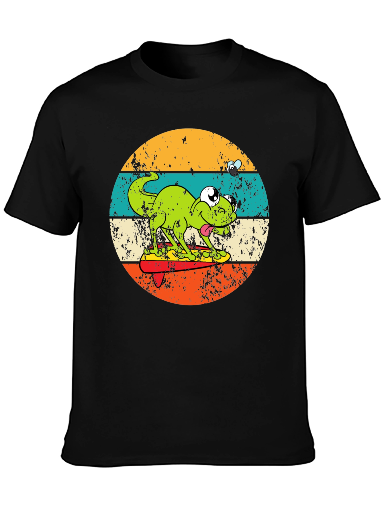 Black Retro Frog Surfing T-Shirt - Unique Graphic Tee view 3