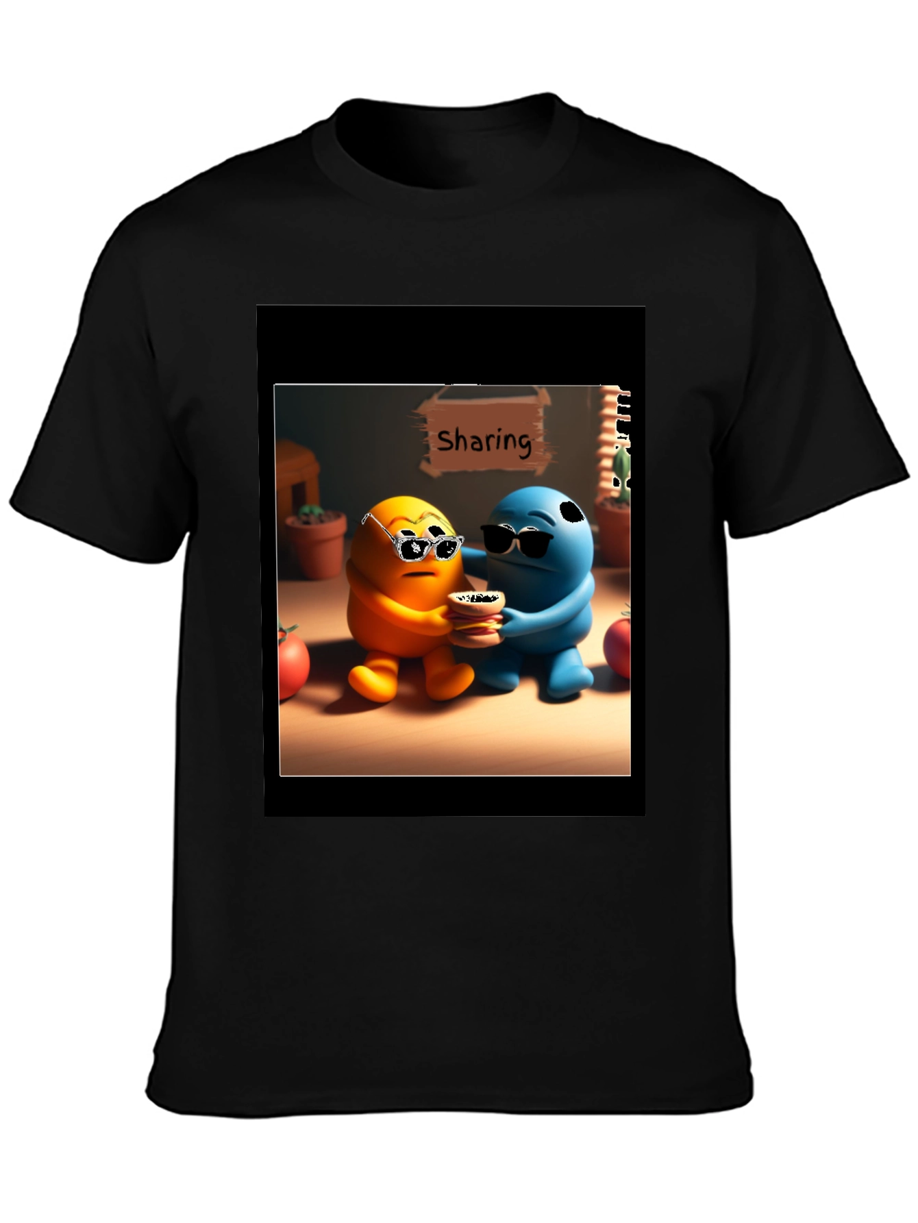 Black Sharing Cartoon Character Graphic Tee - Black view 3