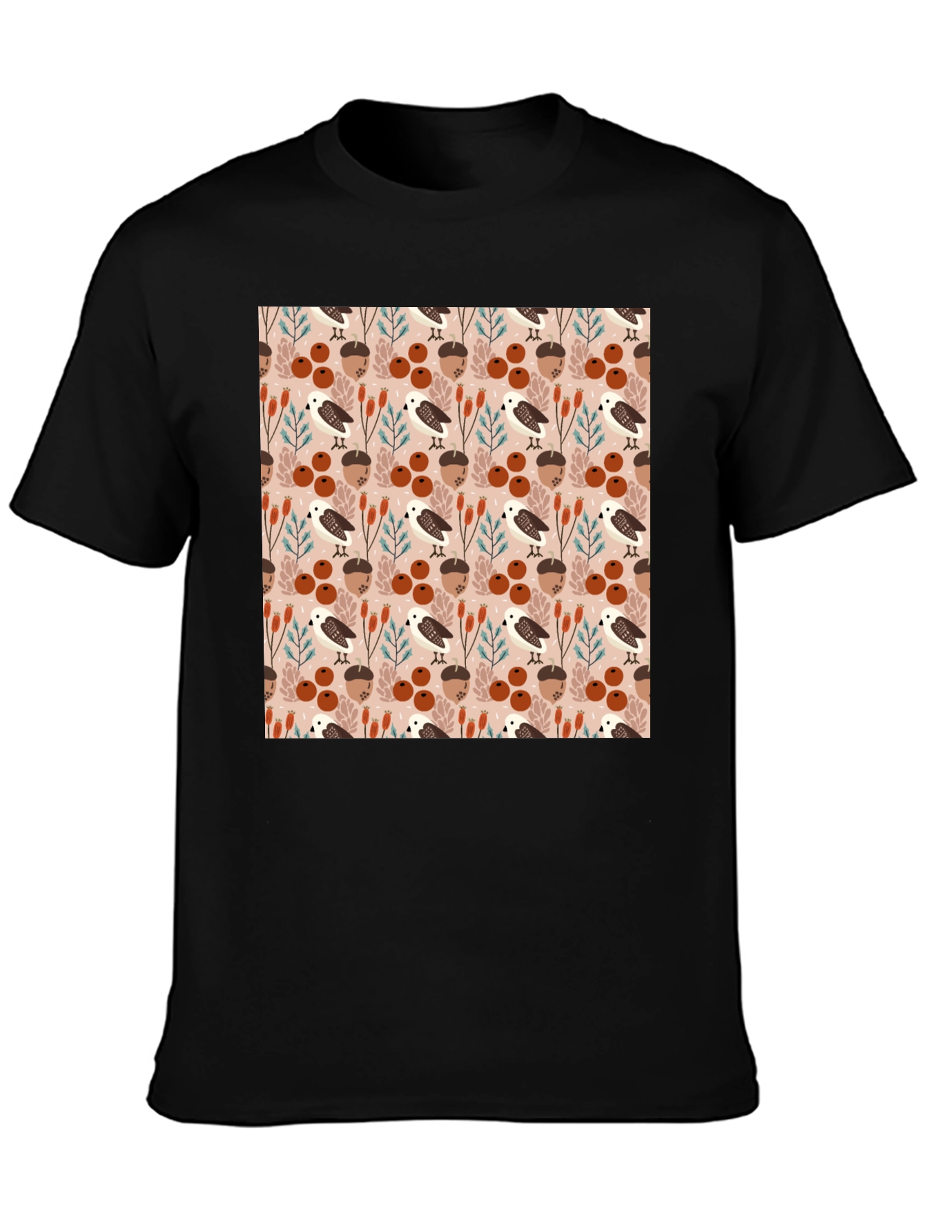 Black Autumnal Bird and Acorn Pattern T-Shirt view 3