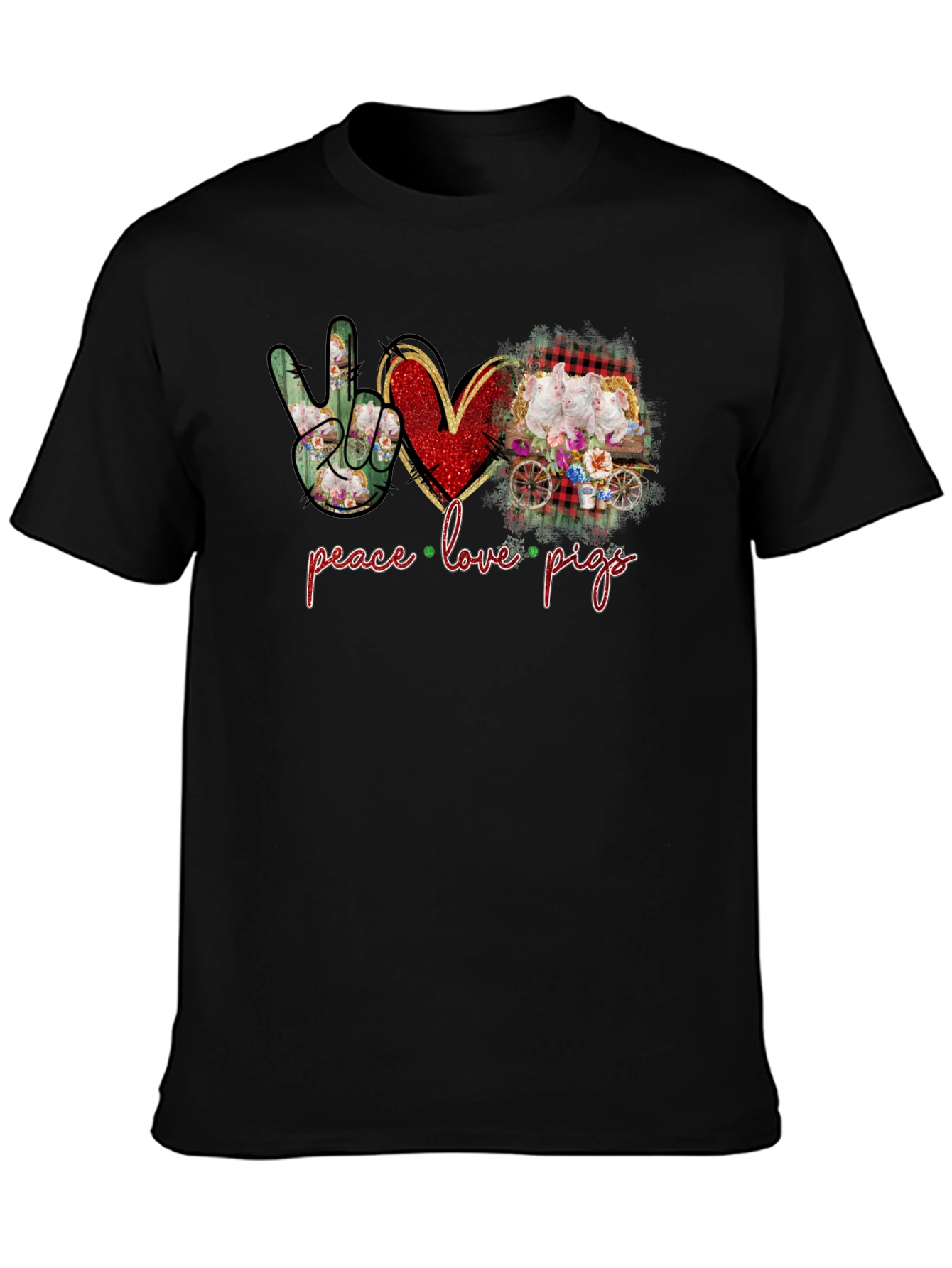 Black Peace Love Pigs Graphic T-Shirt view 3