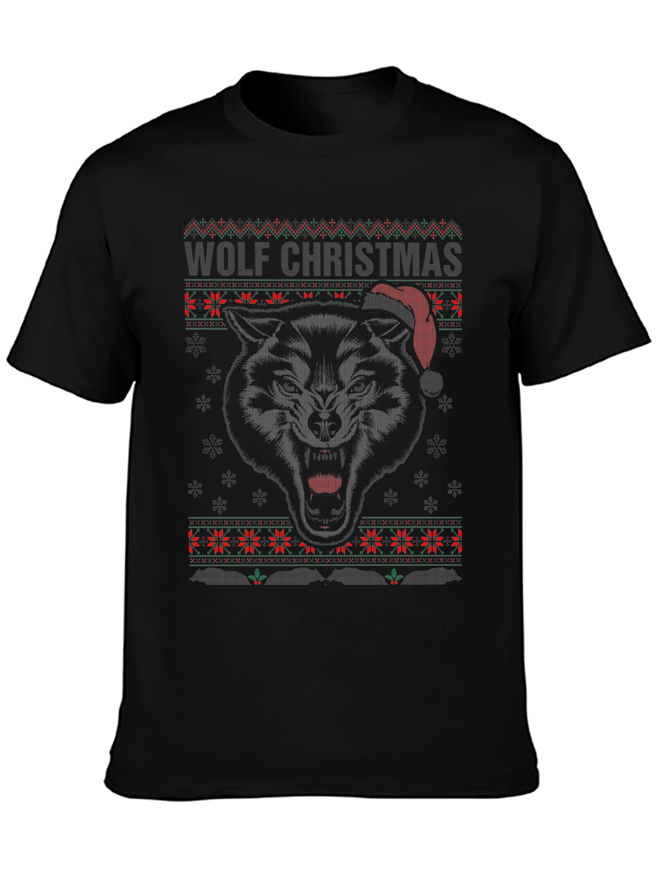 Black Wolf Christmas Ugly Sweater Style Graphic Tee view 3