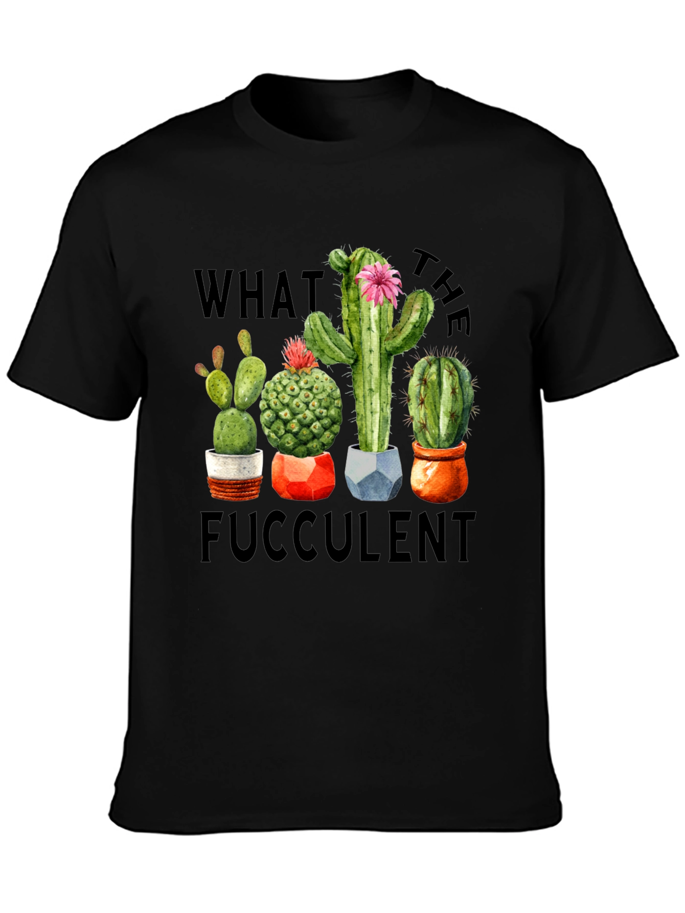 Black "What the Fucculent" Cactus Graphic T-Shirt view 3