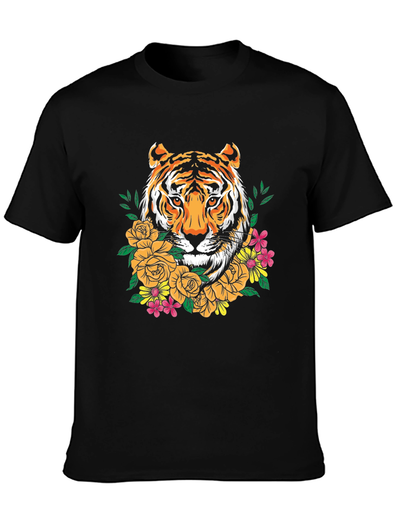 Black Tiger Floral Graphic Print Crew Neck T-Shirt view 3