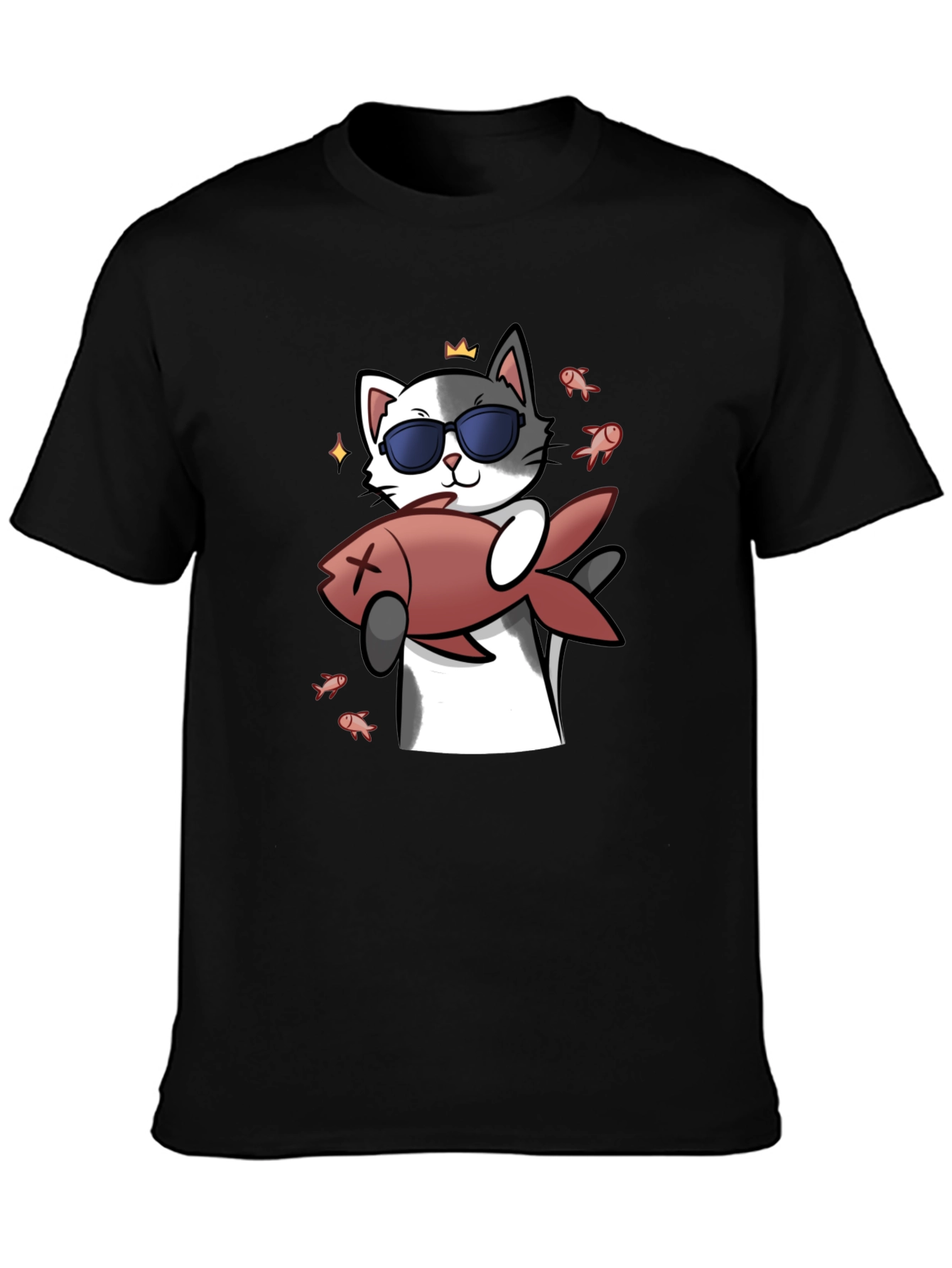 Black Cool Cat With Fish Graphic Tee - Black view 3