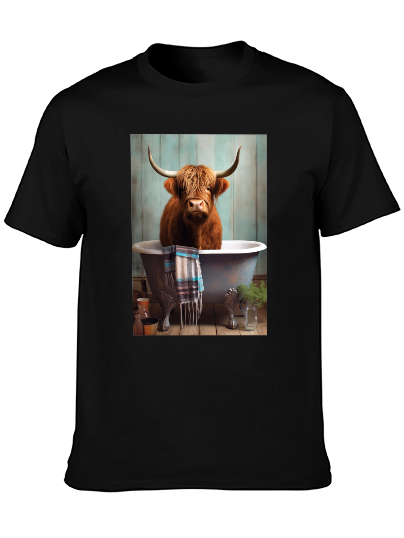 Black Highland Cow in Bathtub T-Shirt view 3