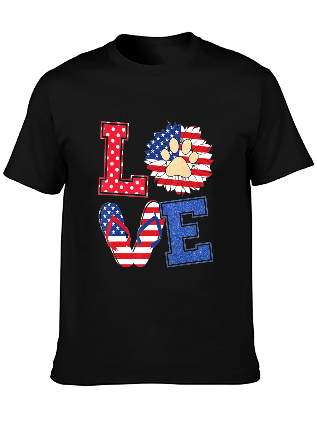 Patriotic LOVE T-Shirt, Paw Print, Flip Flops, USA Flag - 3
