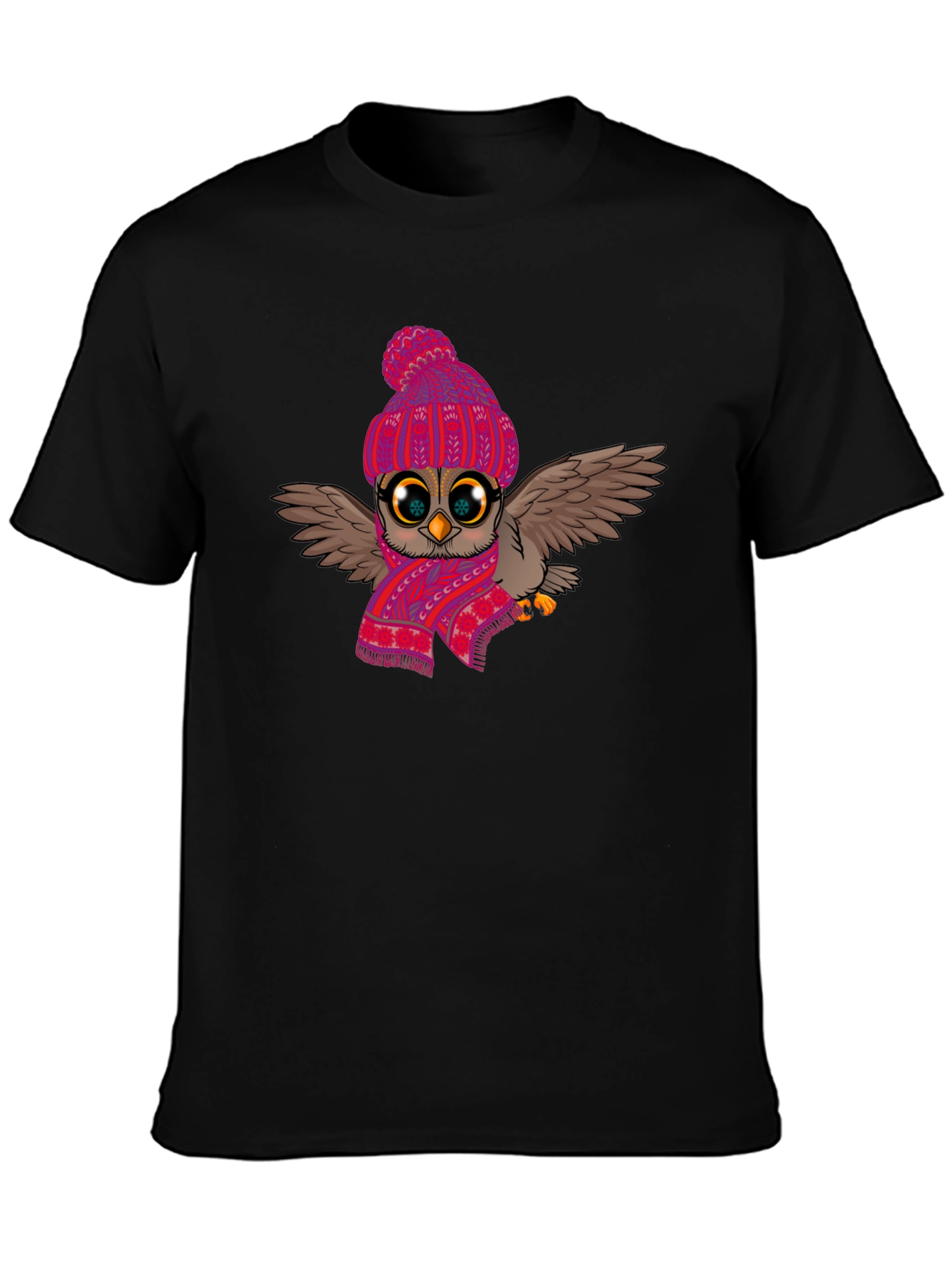 Black Winter Owl T-Shirt: Cute Cartoon Bird with Scarf & Hat view 3