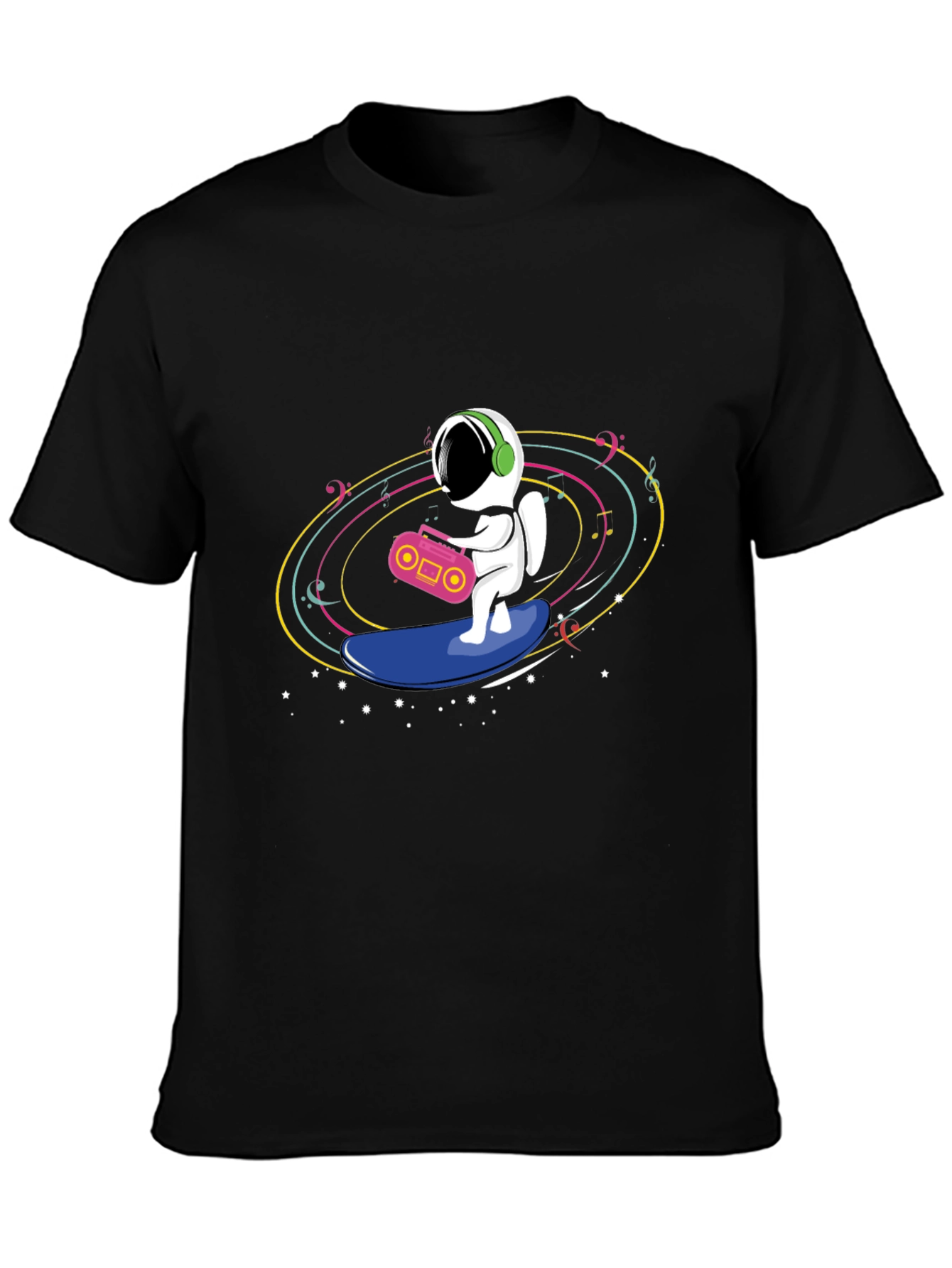 Black Astronaut Surfing T-Shirt - Space Music Vibes view 3