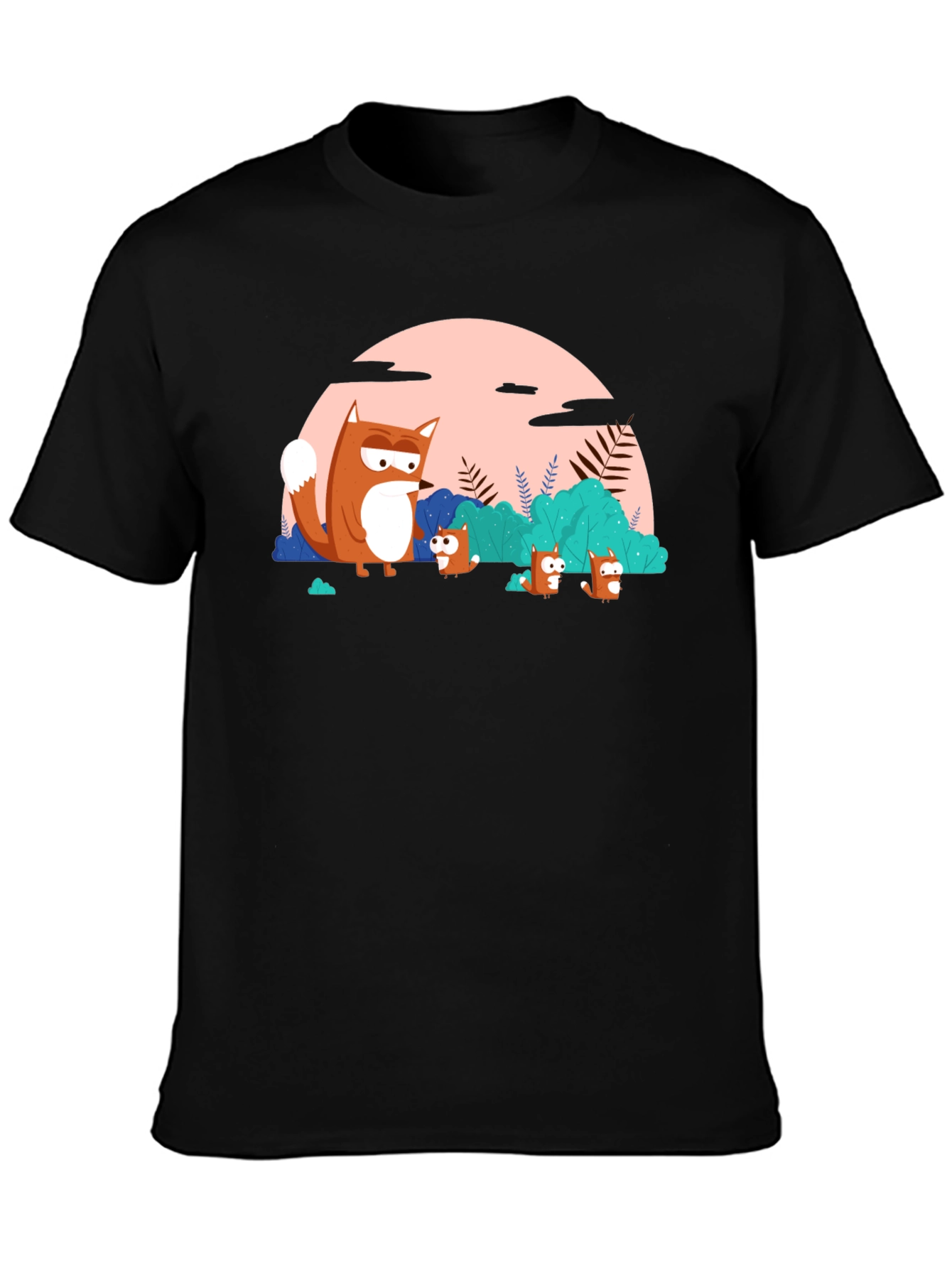 Black Cartoon Fox Family Black T-Shirt view 3