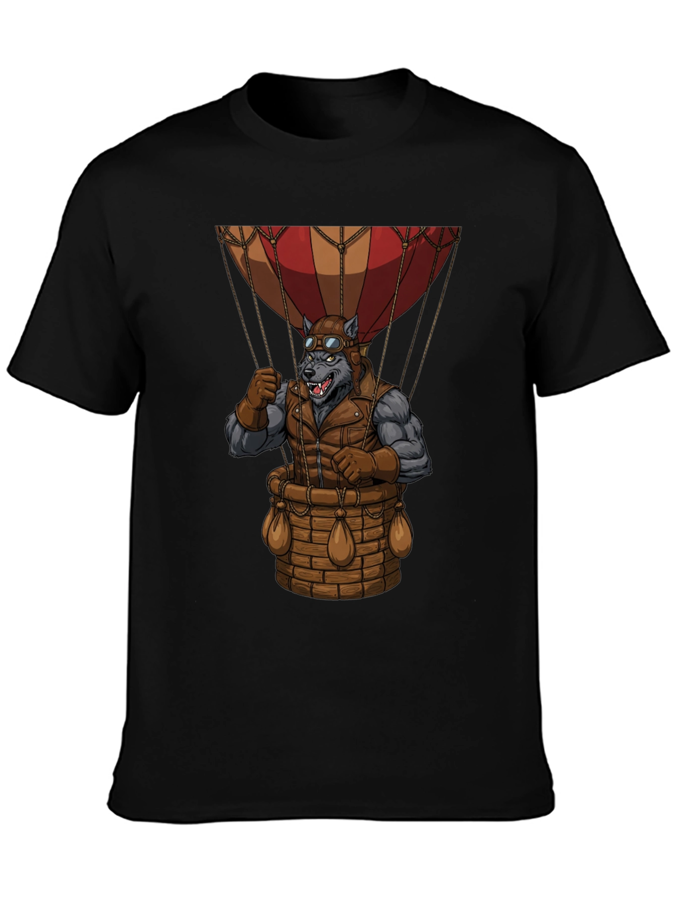 Black Steampunk Wolf Hot Air Balloon Graphic T-Shirt view 3