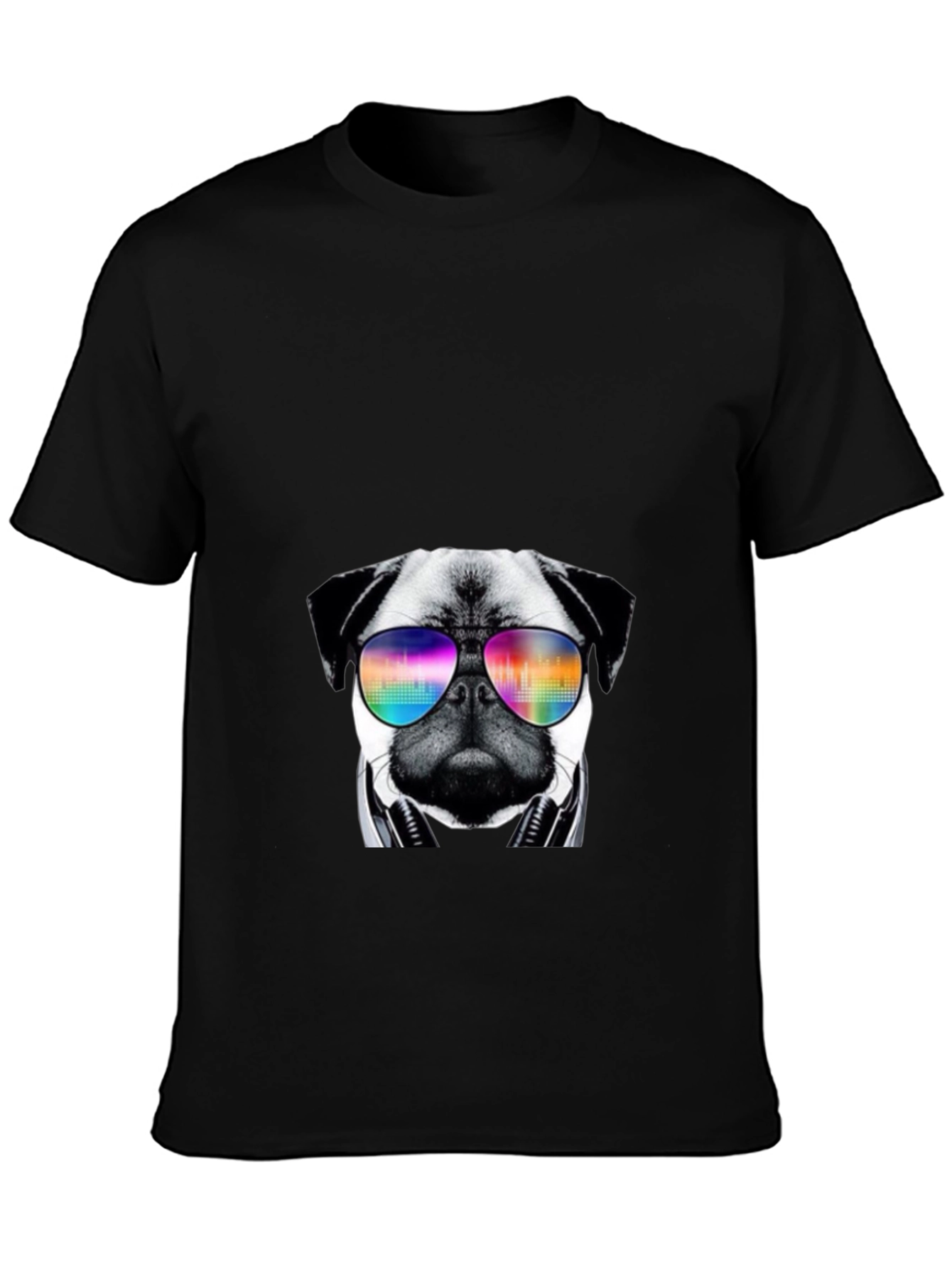 Black Cool Pug T-Shirt with Headphones and Sunglasses view 3