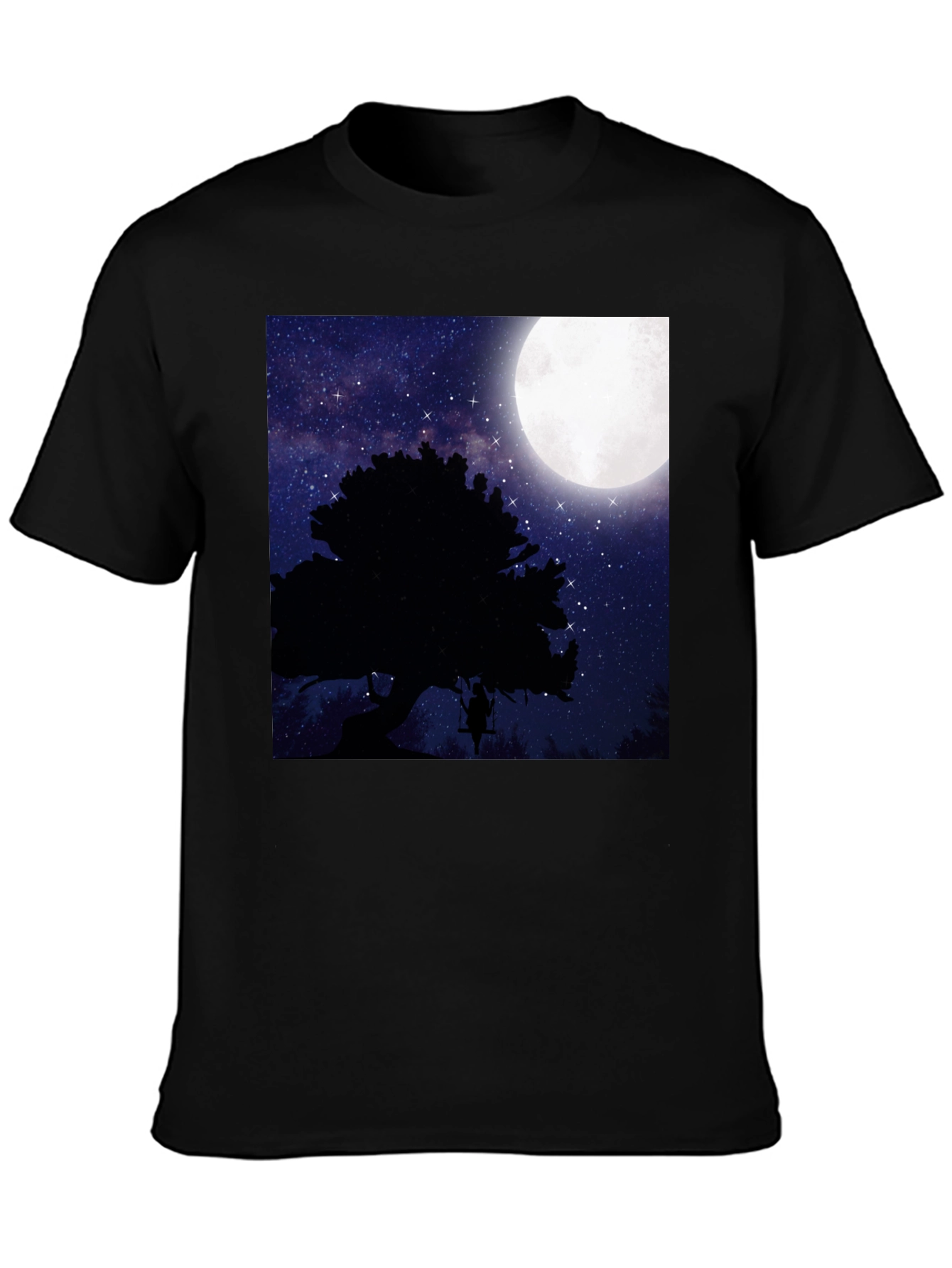 Black Moonlit Swing T-Shirt - Night Sky Tree Silhouette view 3