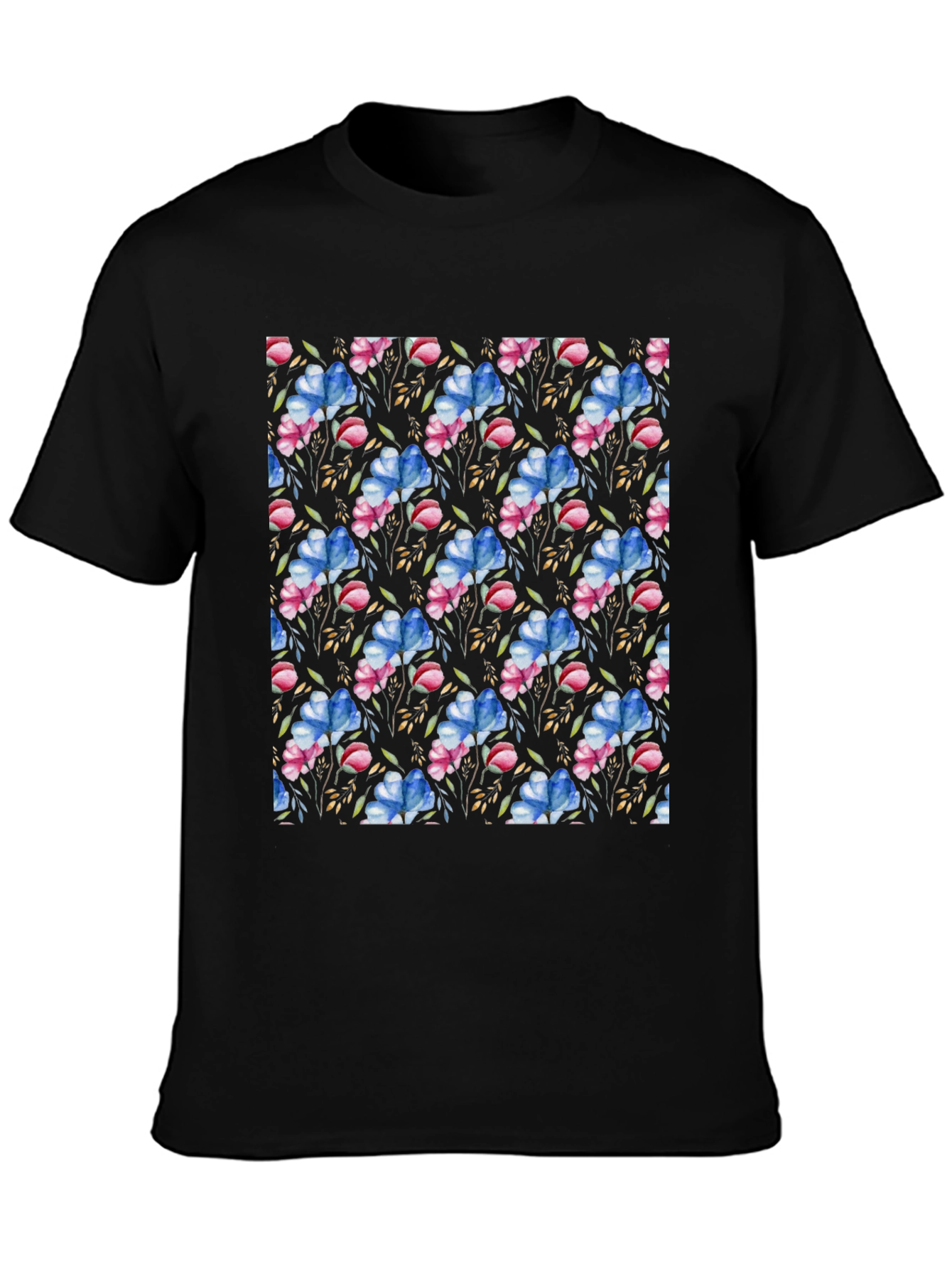 Black Floral Pattern T-Shirt: Black Botanical Design view 3
