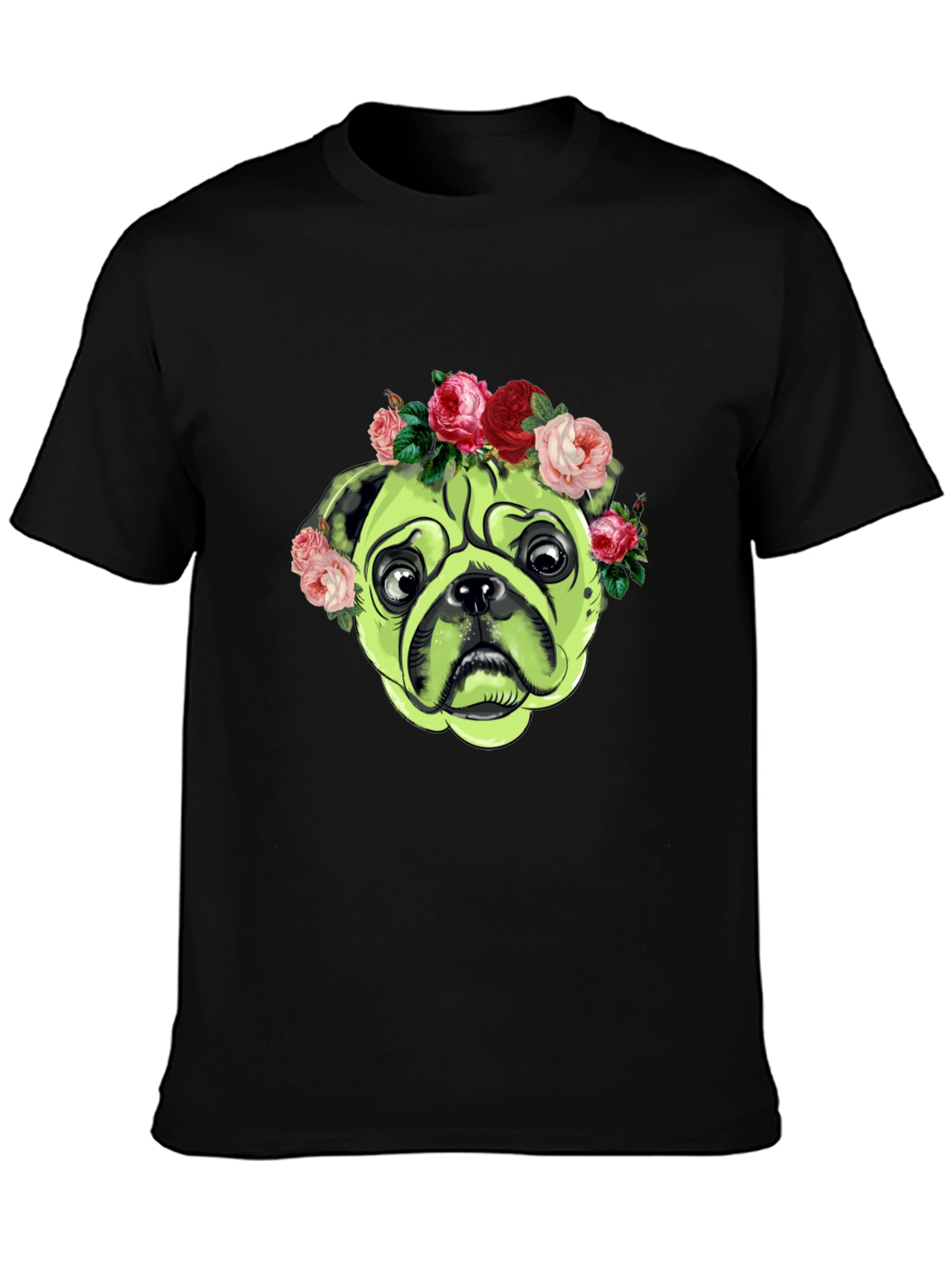 Black Pug with Floral Crown Graphic T-Shirt view 3