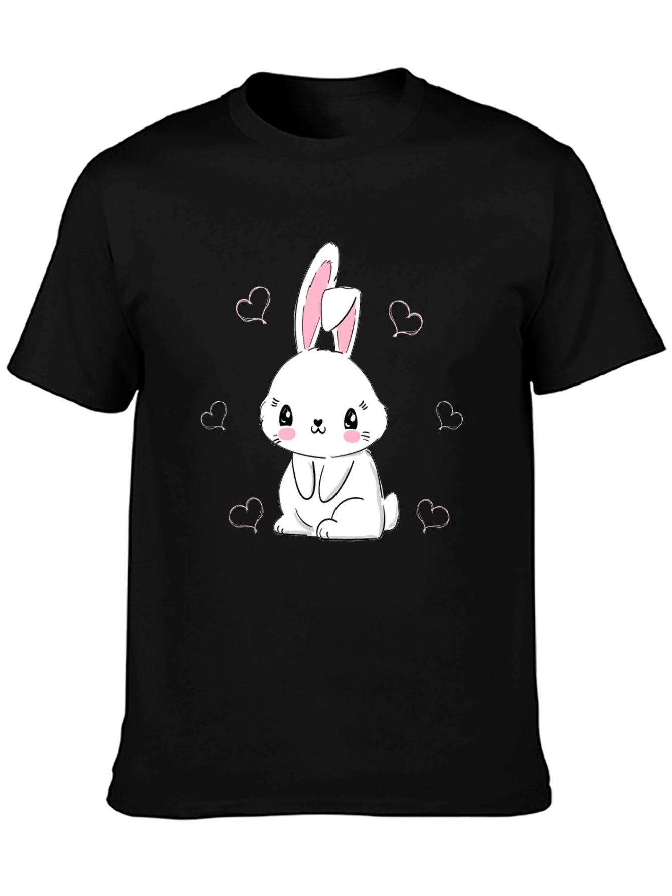 Black Cute Bunny Heart Print Black T-Shirt view 3