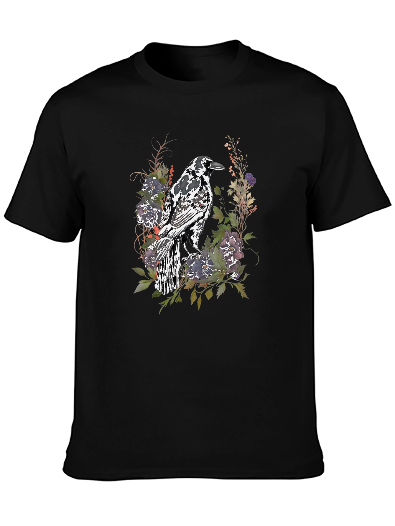 Black Raven & Floral Graphic Tee - Stylish Men's Black T-Shirt view 3
