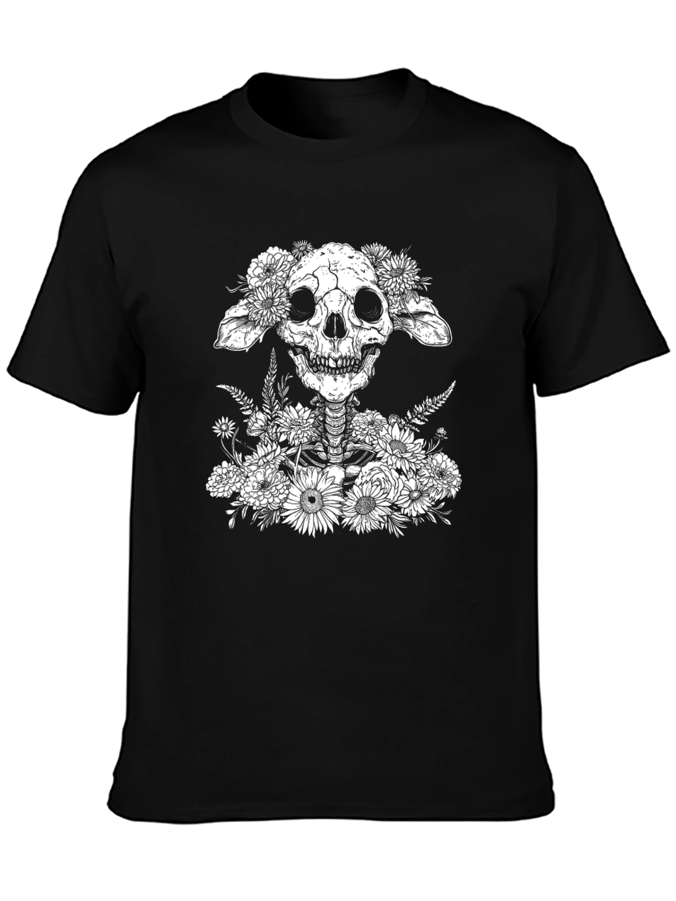 Black Floral Skull Graphic T-Shirt - Unique Design view 3