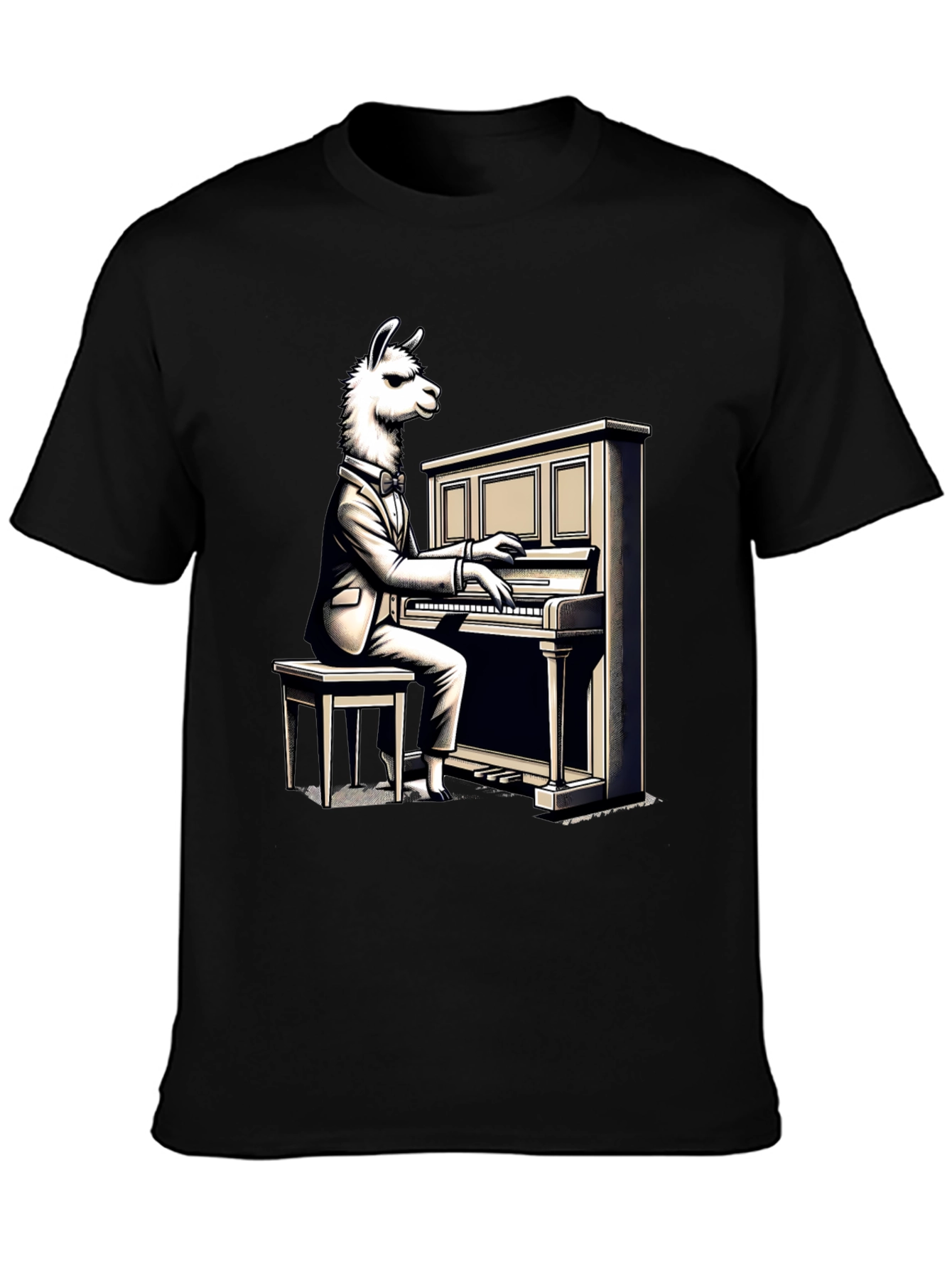 Black Llama Pianist Graphic Tee - Unique Animal Art Shirt view 3