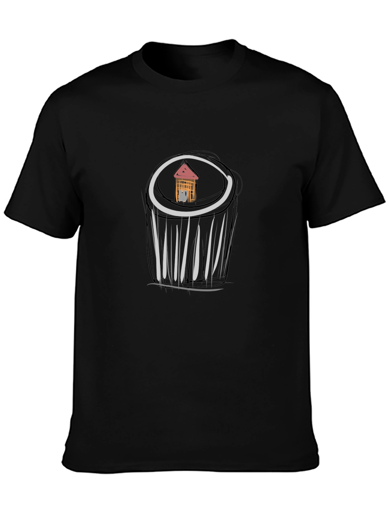 Black Unique Black T-Shirt with House Sketch view 3