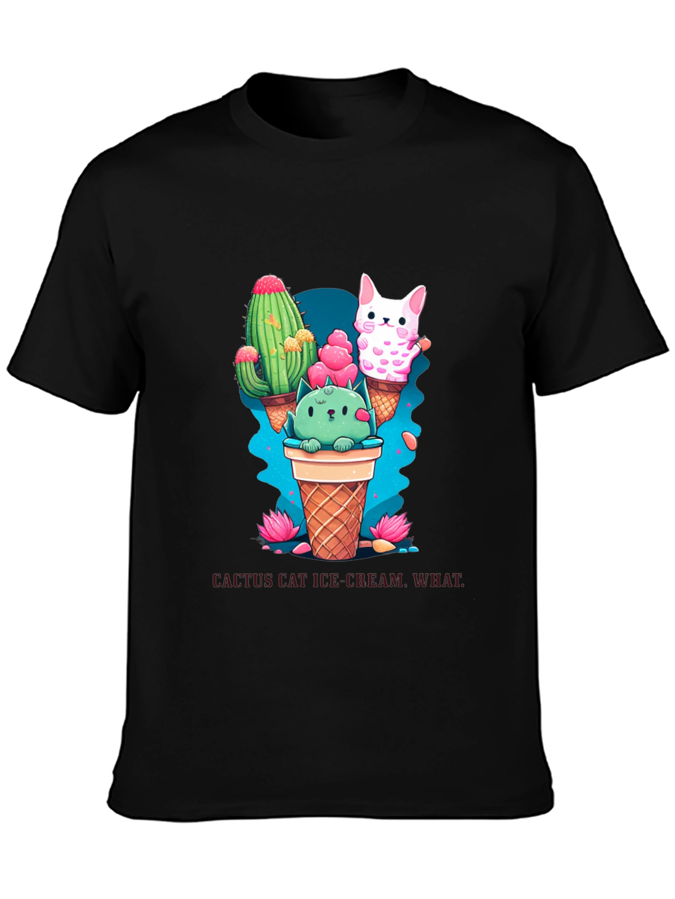 Black Cactus Cat Ice Cream Black T-Shirt view 3