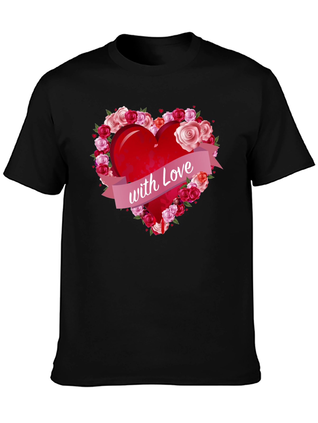 Black Heart with Roses Graphic Tee - Love Design T-Shirt view 3