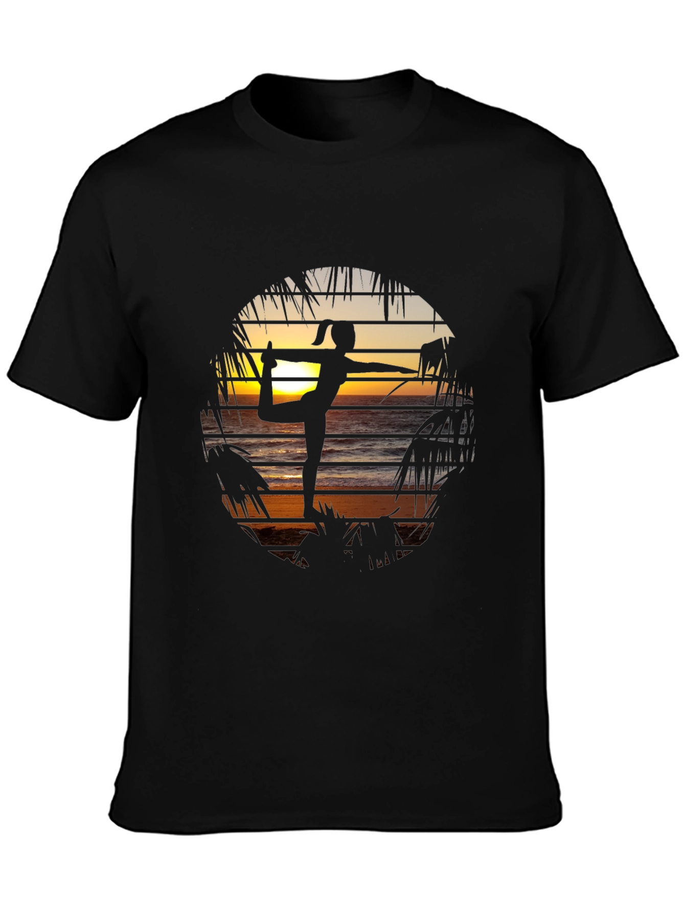 Black Yoga Sunset Graphic Tee - Zen Beach Vibes T-Shirt view 3