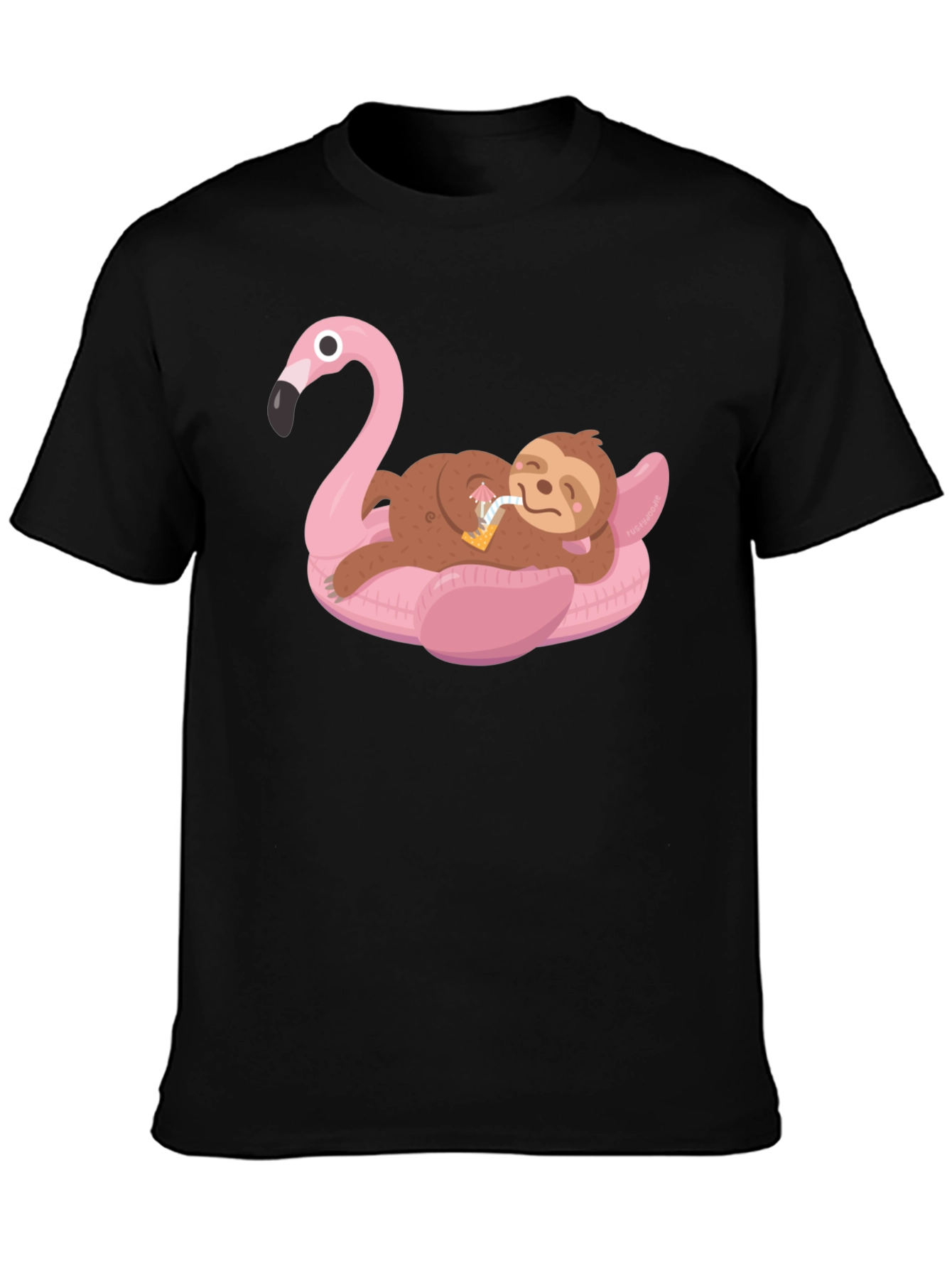 Black Sloth on Flamingo Pool Float Graphic Tee view 3