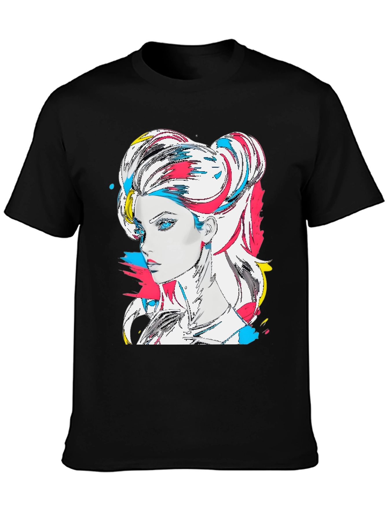 Black Vibrant Graphic Tee - Anime Woman Portrait view 3