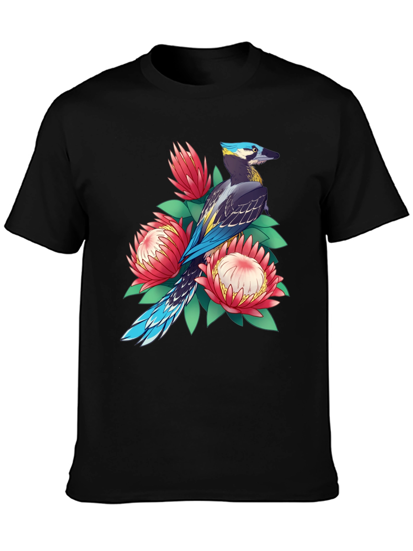 Black Bird & Floral Print T-Shirt - Casual Style view 3