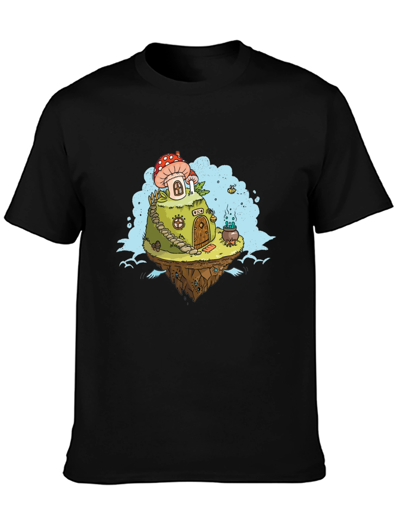 Black Mushroom House Island Graphic Tee - Whimsical Fantasy Design view 3