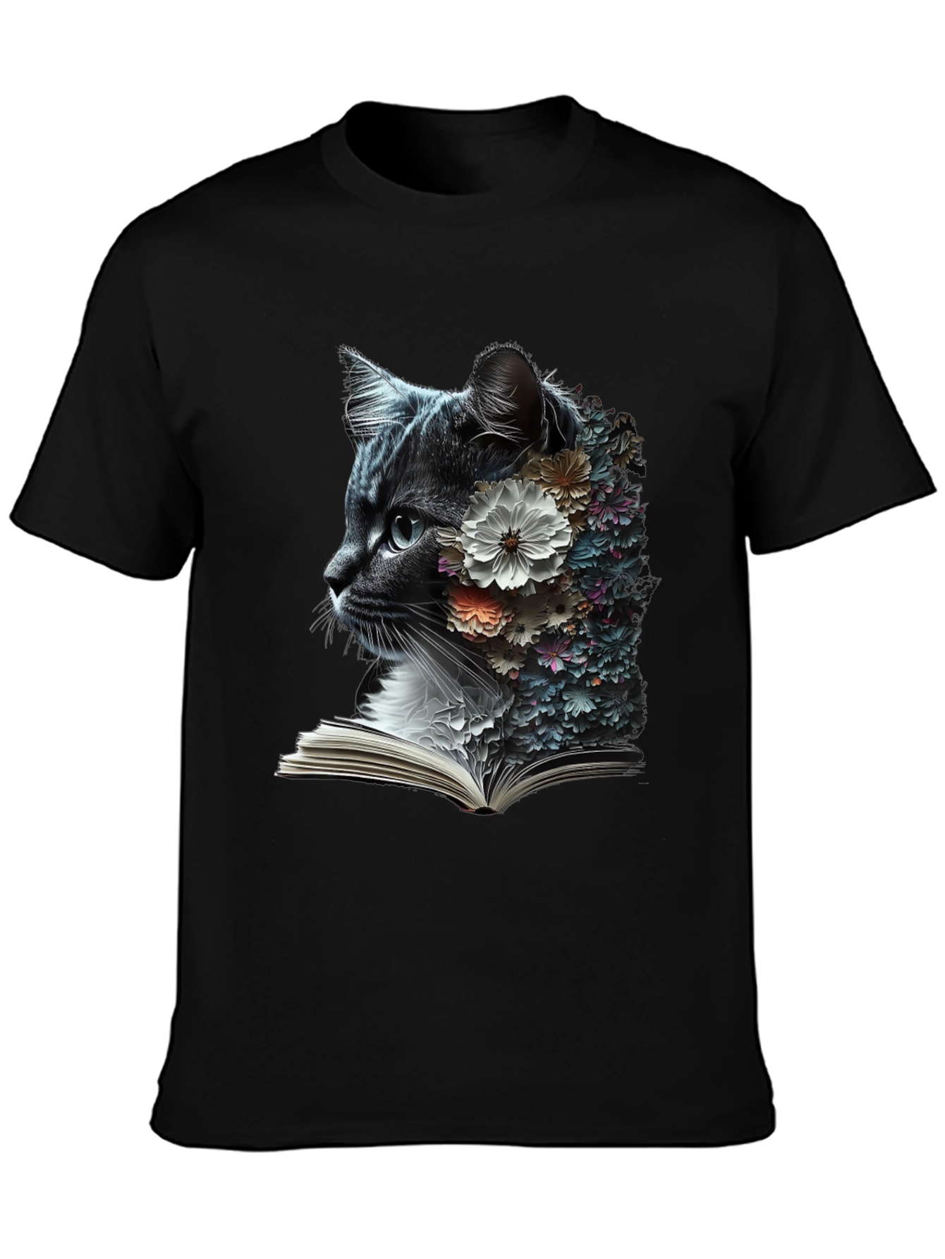 Black Floral Cat Reader Graphic T-Shirt view 3