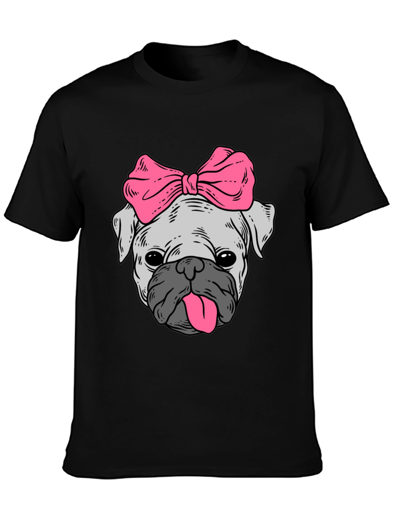 Black Cute Pug with Bow Graphic Tee - Unisex Black T-Shirt view 3