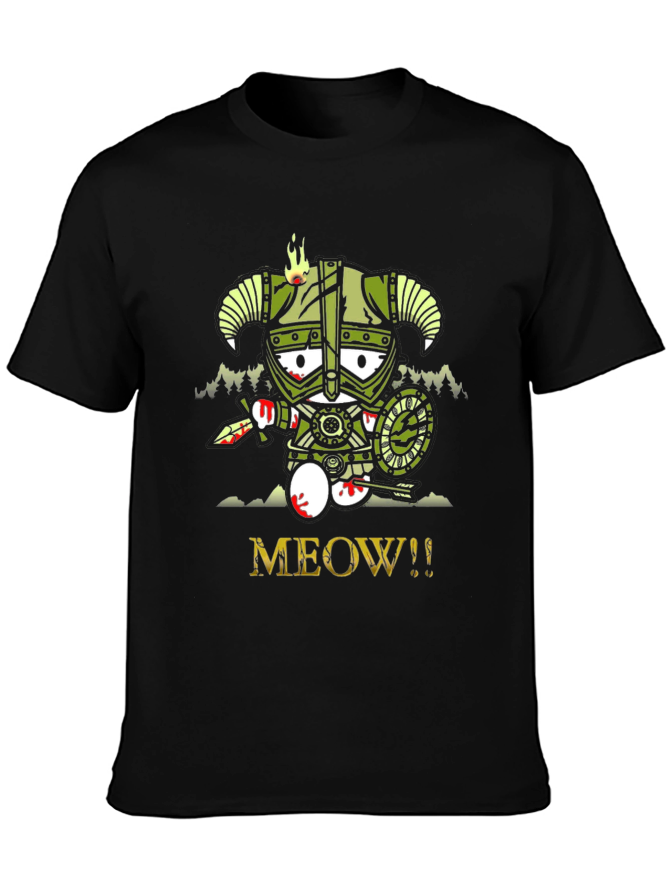 Black Meow Skyrim Cartoon Graphic T-Shirt view 3