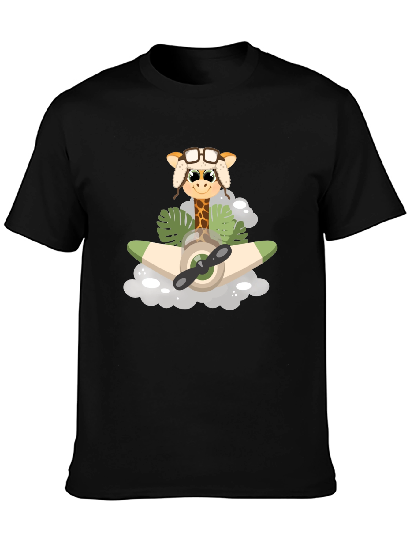 Black Giraffe Aviator T-Shirt: Cute Cartoon Plane Design view 3