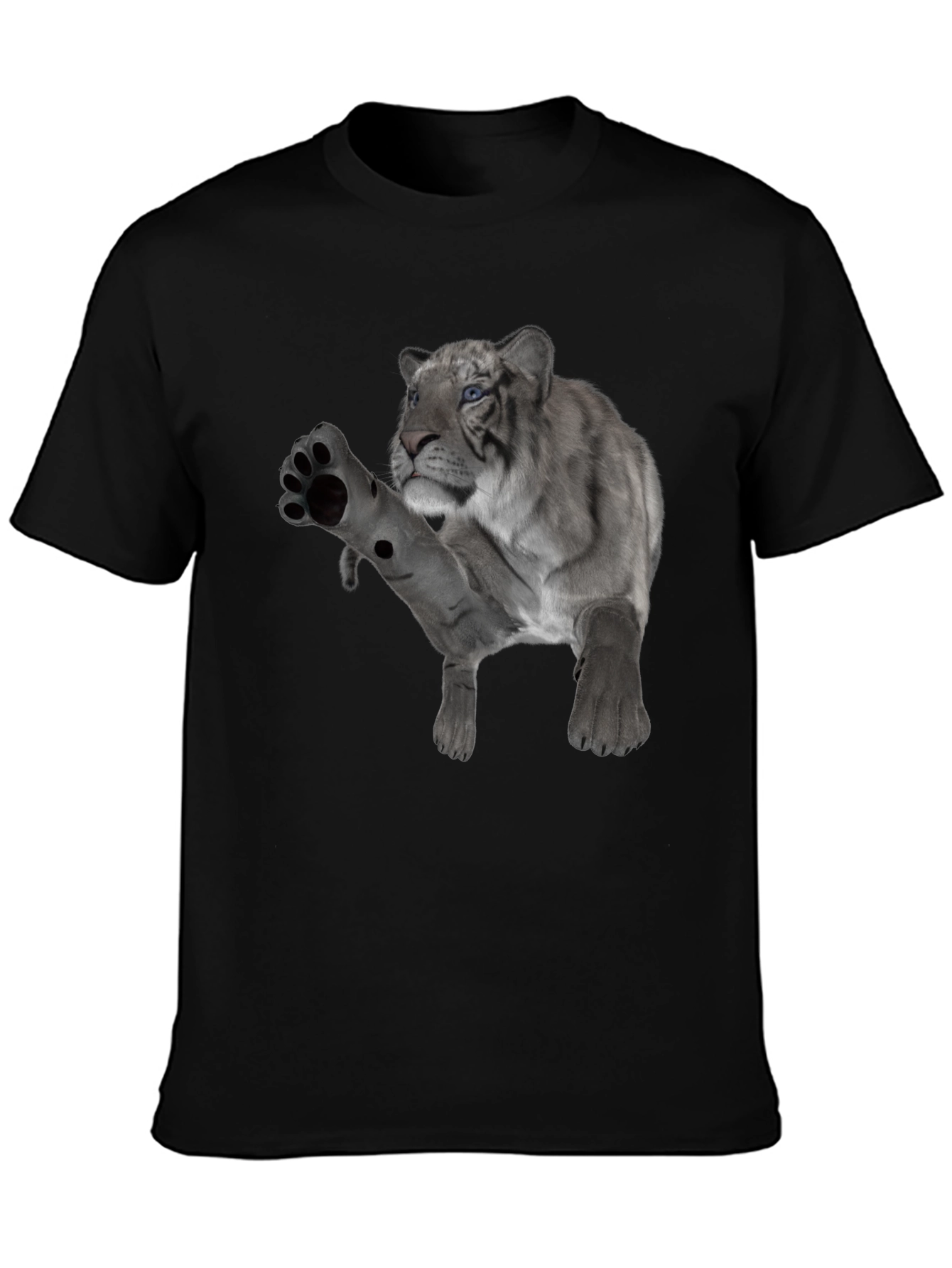 Black Men's Black T-Shirt with White Tiger Graphic view 3