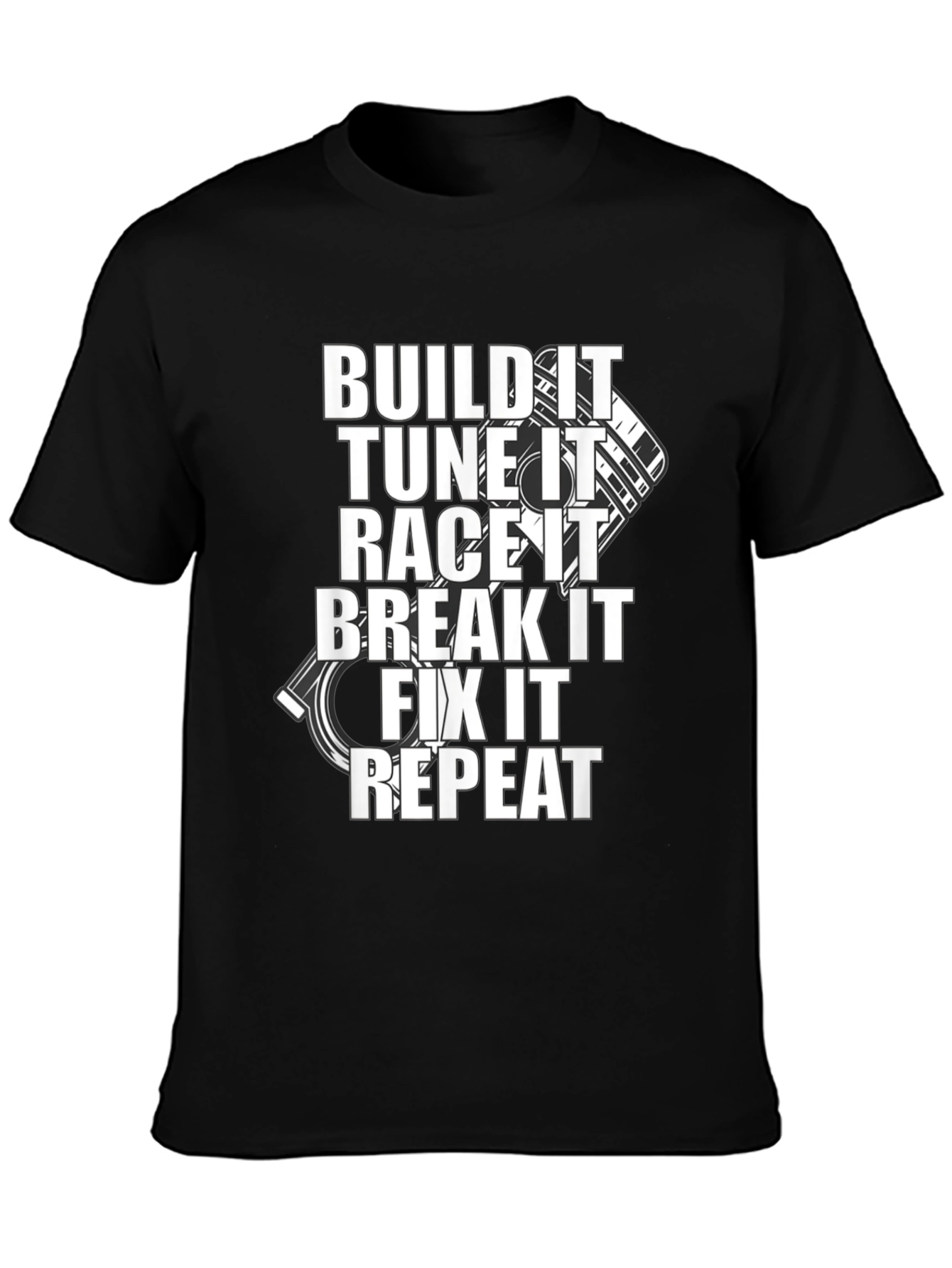 Black Build, Tune, Race, Repeat Black T-Shirt view 3