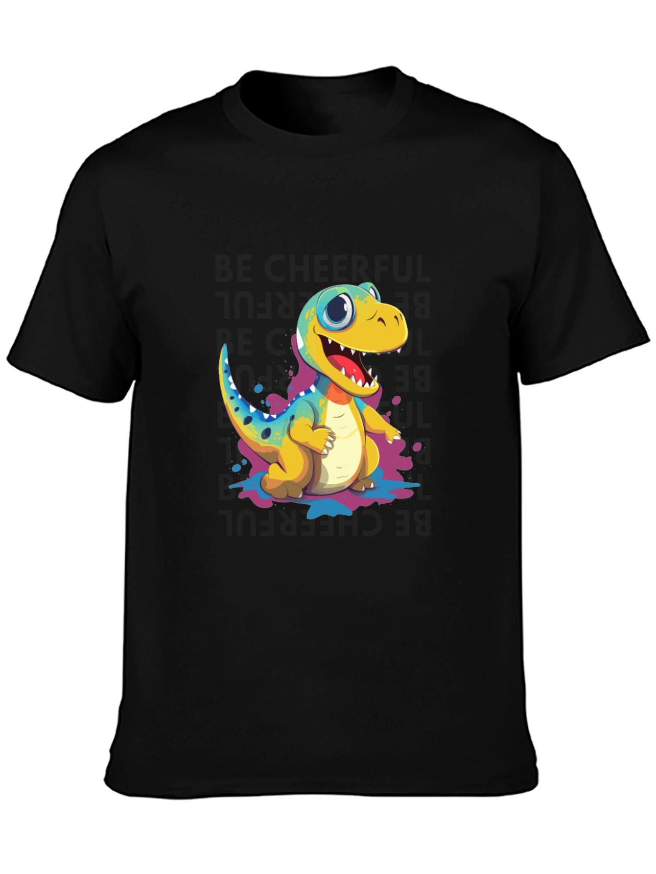 Black Cute Cartoon Dinosaur Black T-Shirt view 3