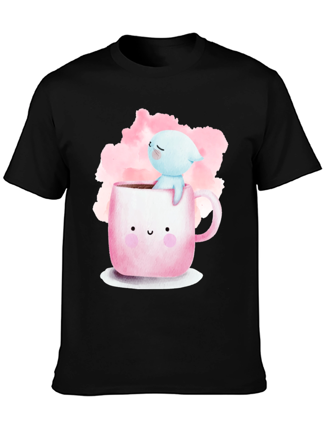 Black Cute Cartoon Cat in Mug Graphic Tee - Black view 3