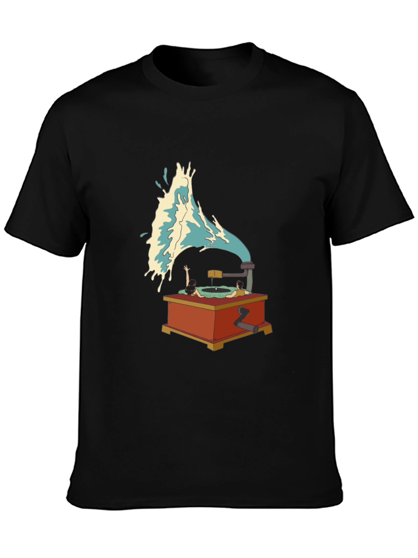 Black Surreal Vinyl Record Player Graphic Tee view 3