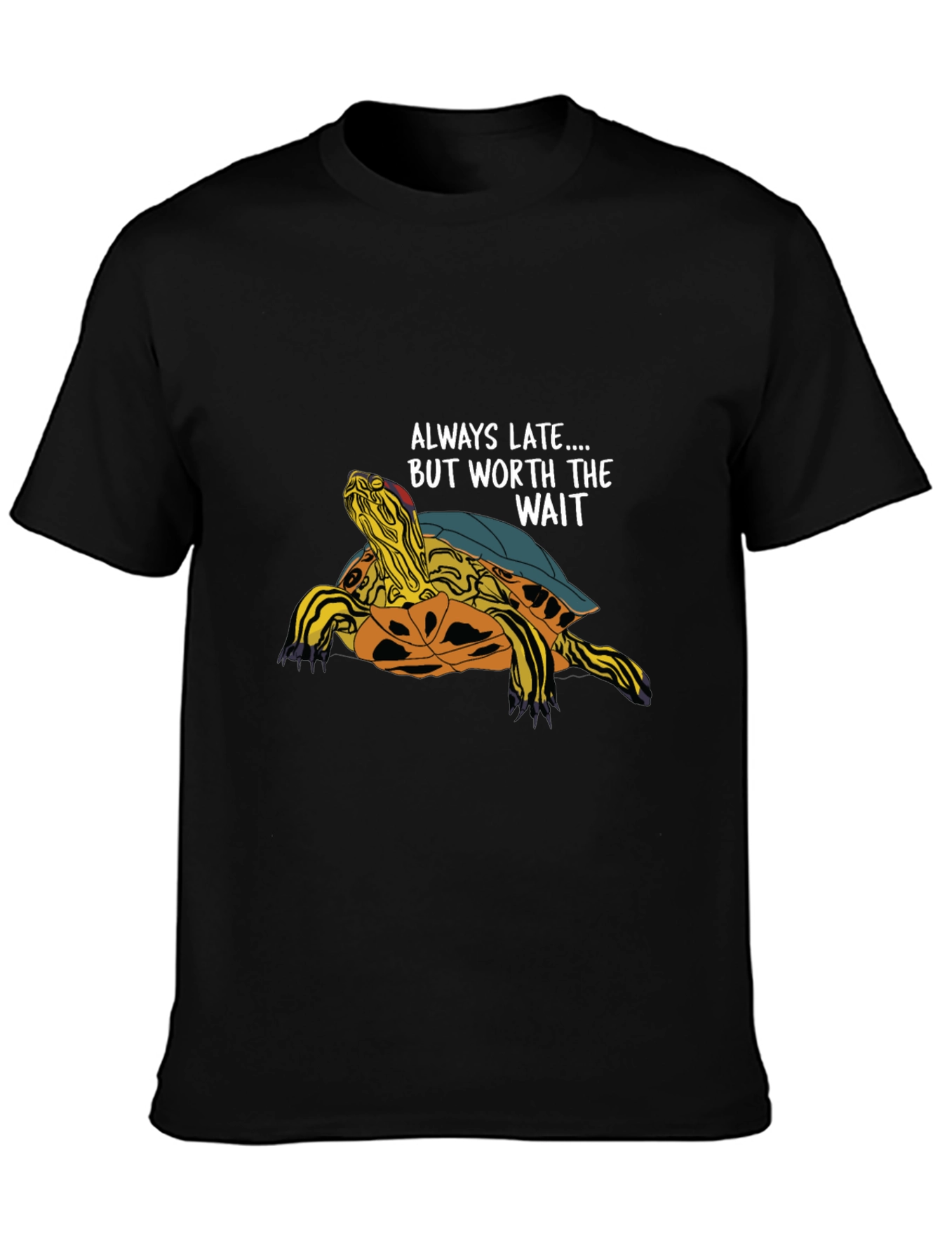 Black Always Late Turtle Graphic T-Shirt - Unisex Casual Top view 3