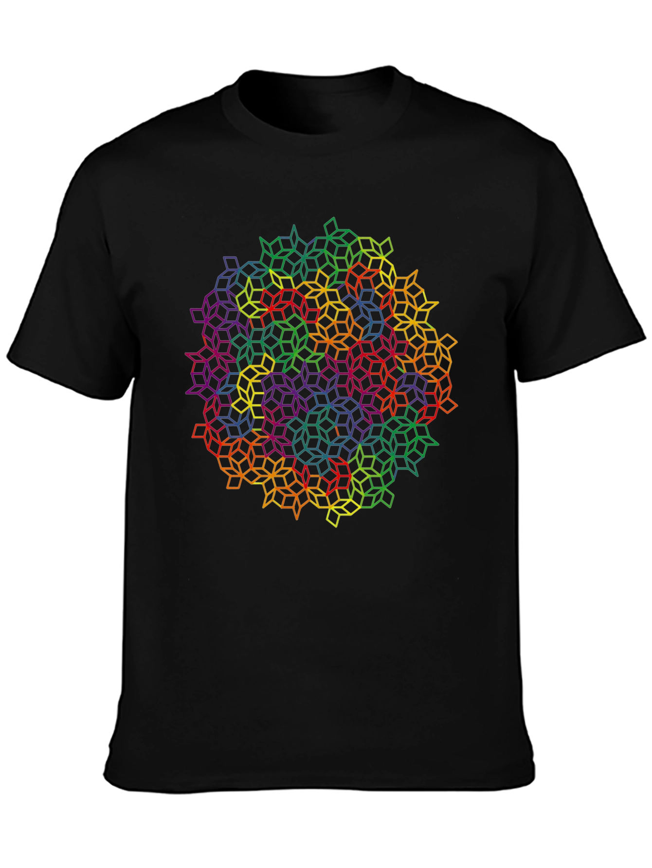 Black Geometric Rainbow Cube Pattern Black T-Shirt view 3