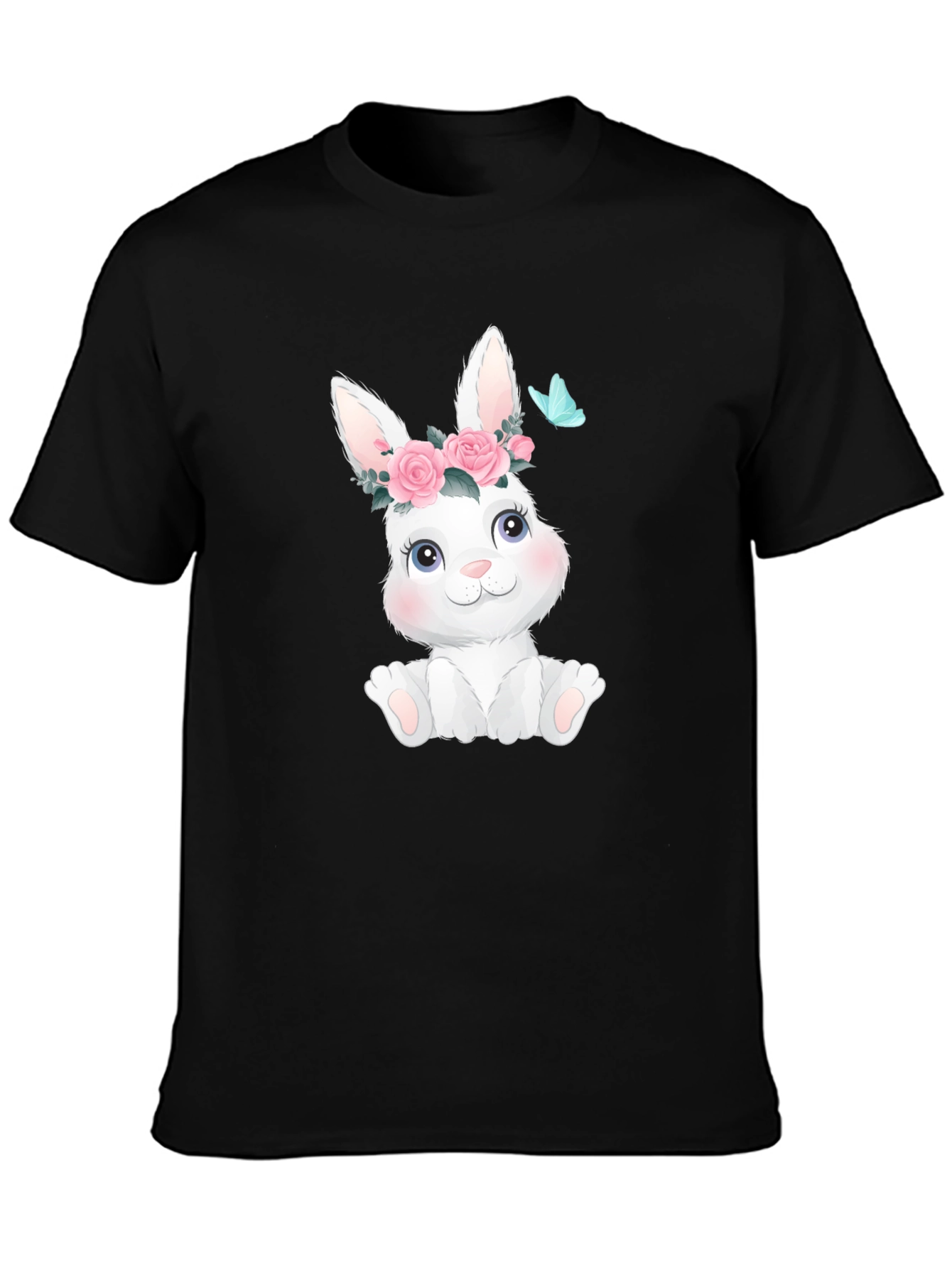 Black Cute Bunny with Flowers Black T-Shirt view 3