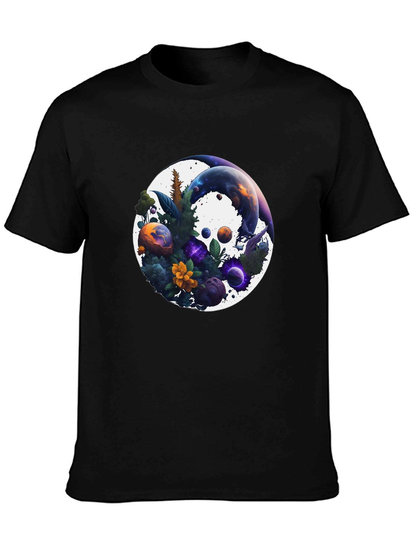 Black Cosmic Garden T-Shirt - Nature & Space Fusion view 3