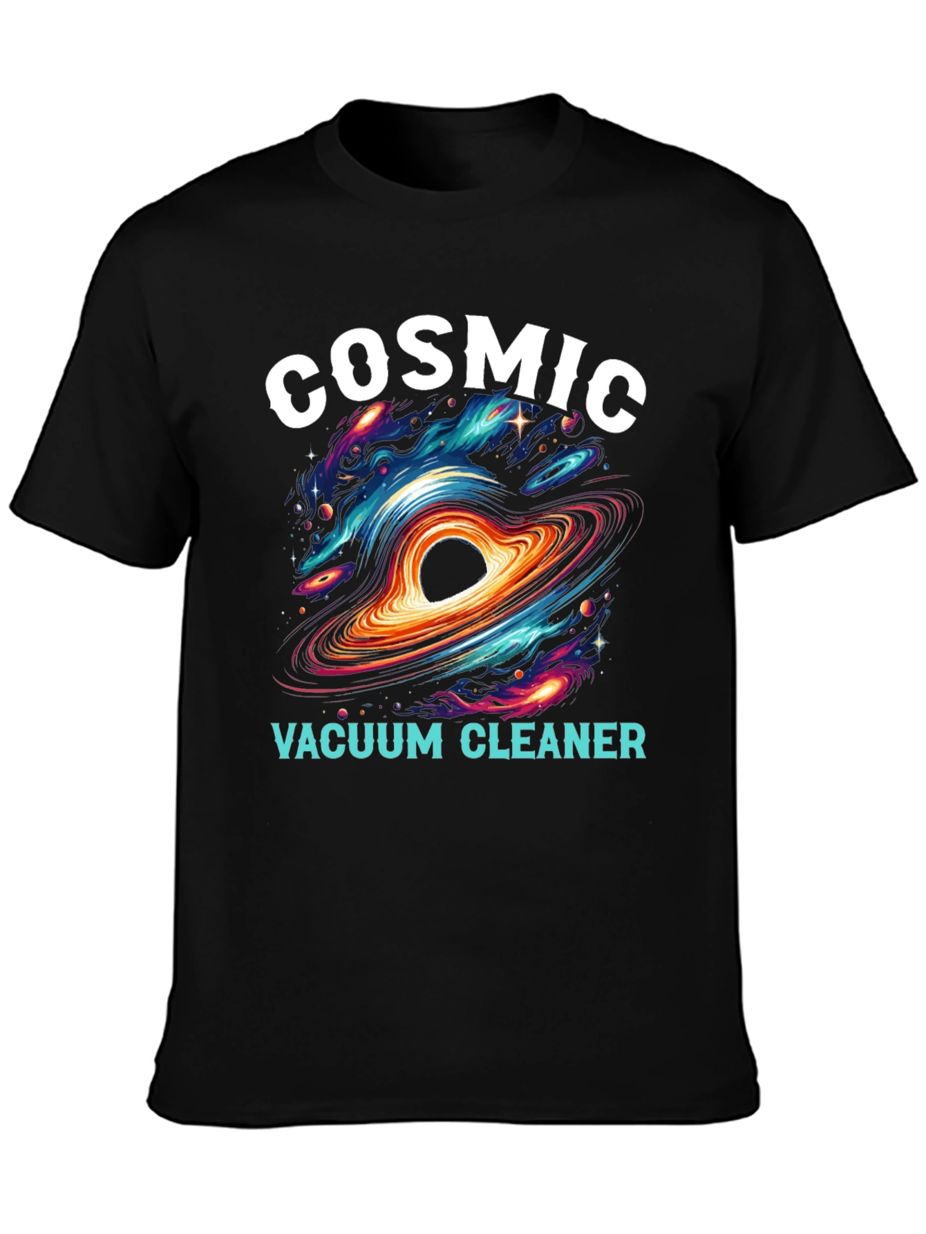 Black Cosmic Vacuum Cleaner Black T-Shirt view 3