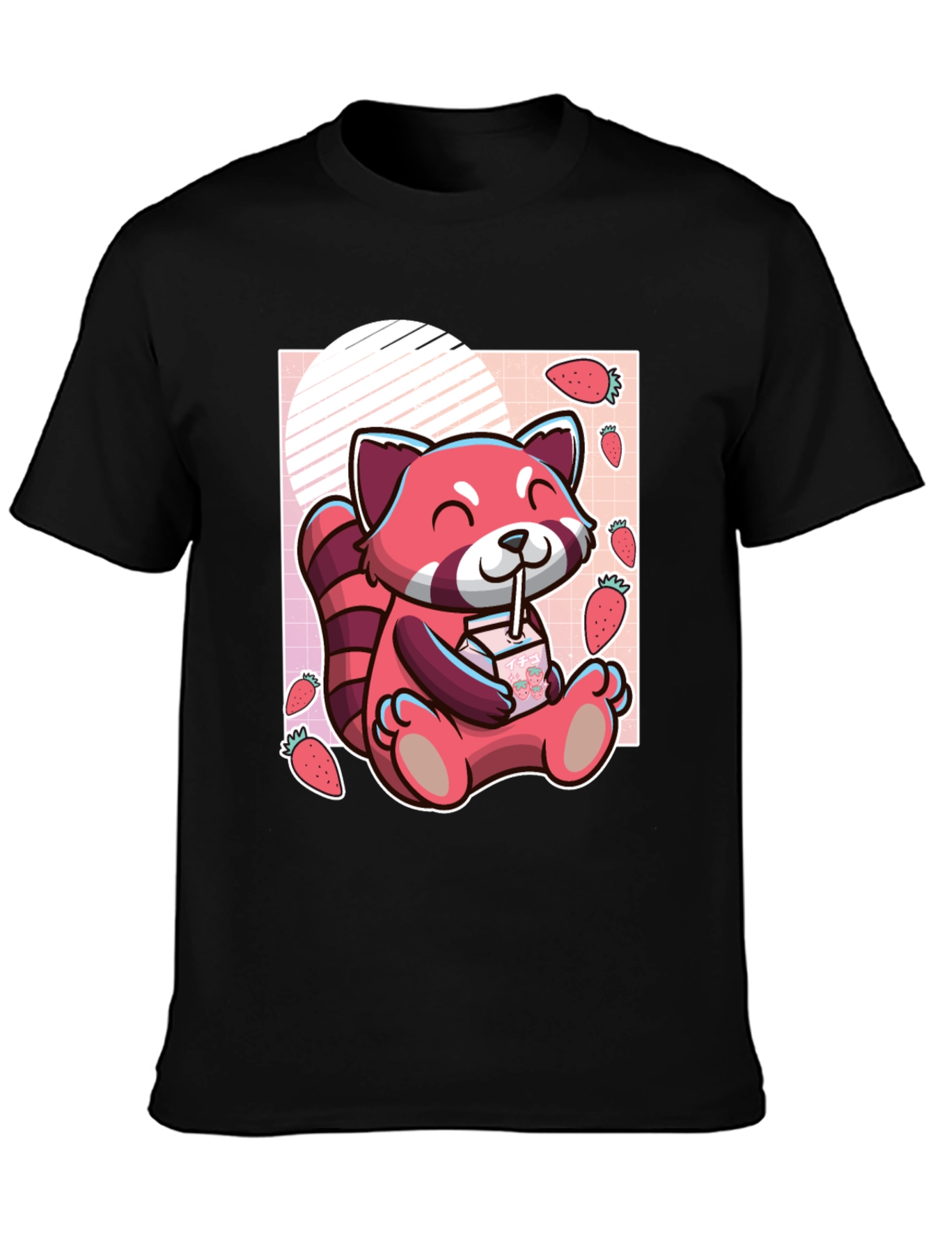 Black Red Panda Strawberry Milk T-Shirt view 3