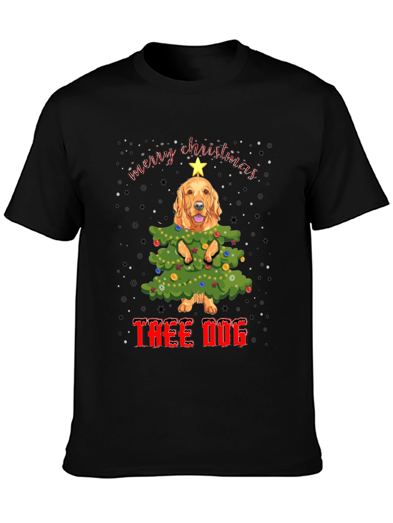 Black Funny Dog Christmas Tree T-Shirt view 3